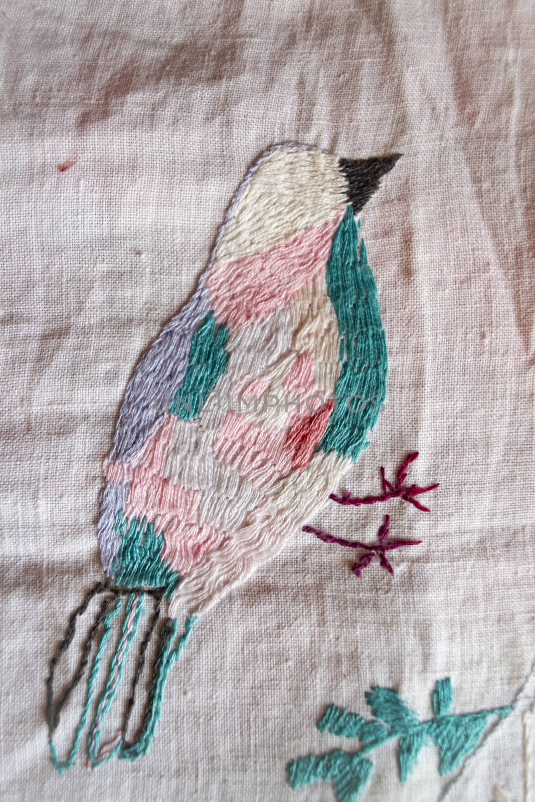 pigeon hand made embroidered smooth decoration on white fabric , vintage folk embroidery in Belarus, second half of 19 century