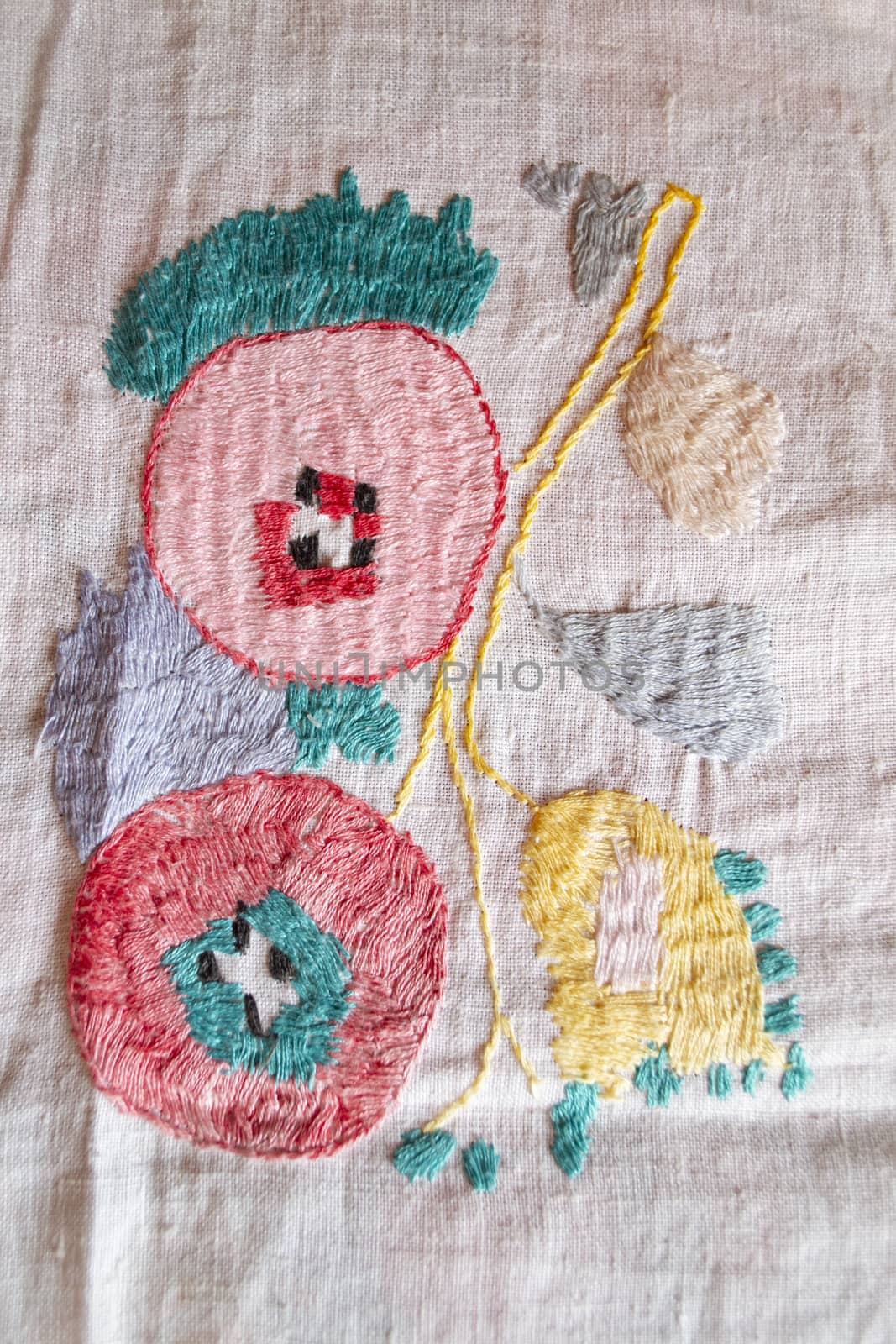 peach hand made embroidered smooth decoration on white fabric , vintage folk embroidery in Belarus, second half of 19 century