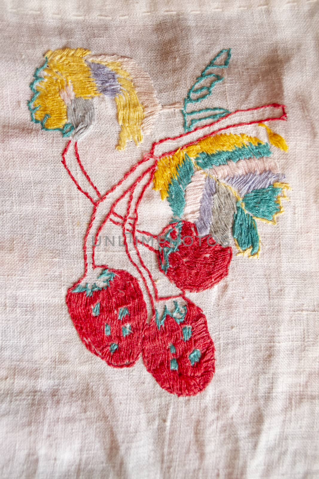 strawberry hand made embroidered smooth decoration on white fabric , vintage folk embroidery in Belarus, second half of 19 century