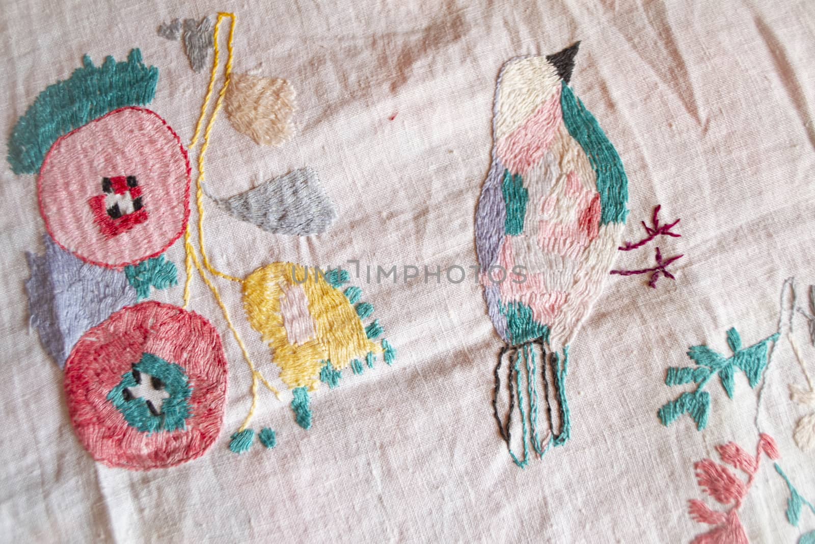 fragment hand made embroidered smooth decoration on white fabric , vintage folk embroidery in Belarus, second half of 19 century