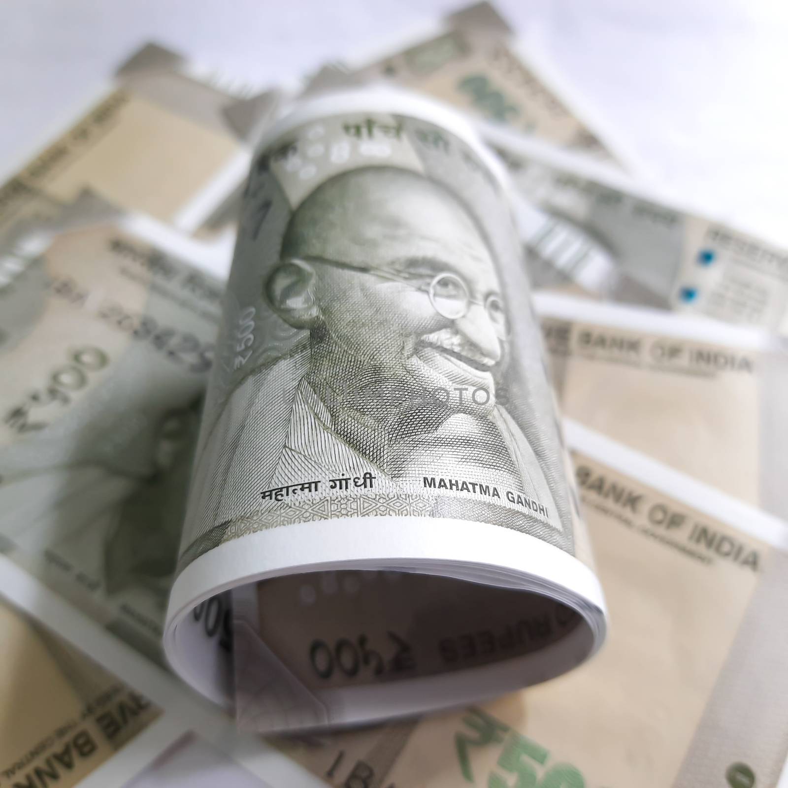 indian new currency 500 rupees with rubber band and took close view of gandhi face