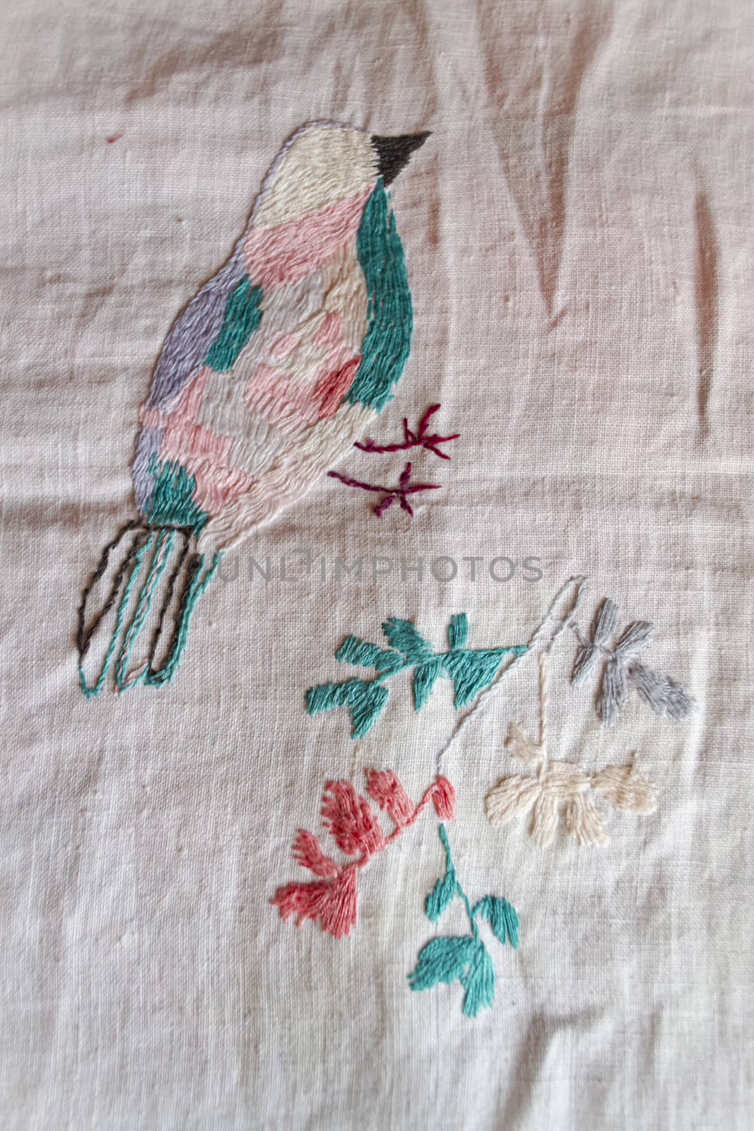 paradise hand made embroidered smooth decoration on white fabric , vintage folk embroidery in Belarus, second half of 19 century