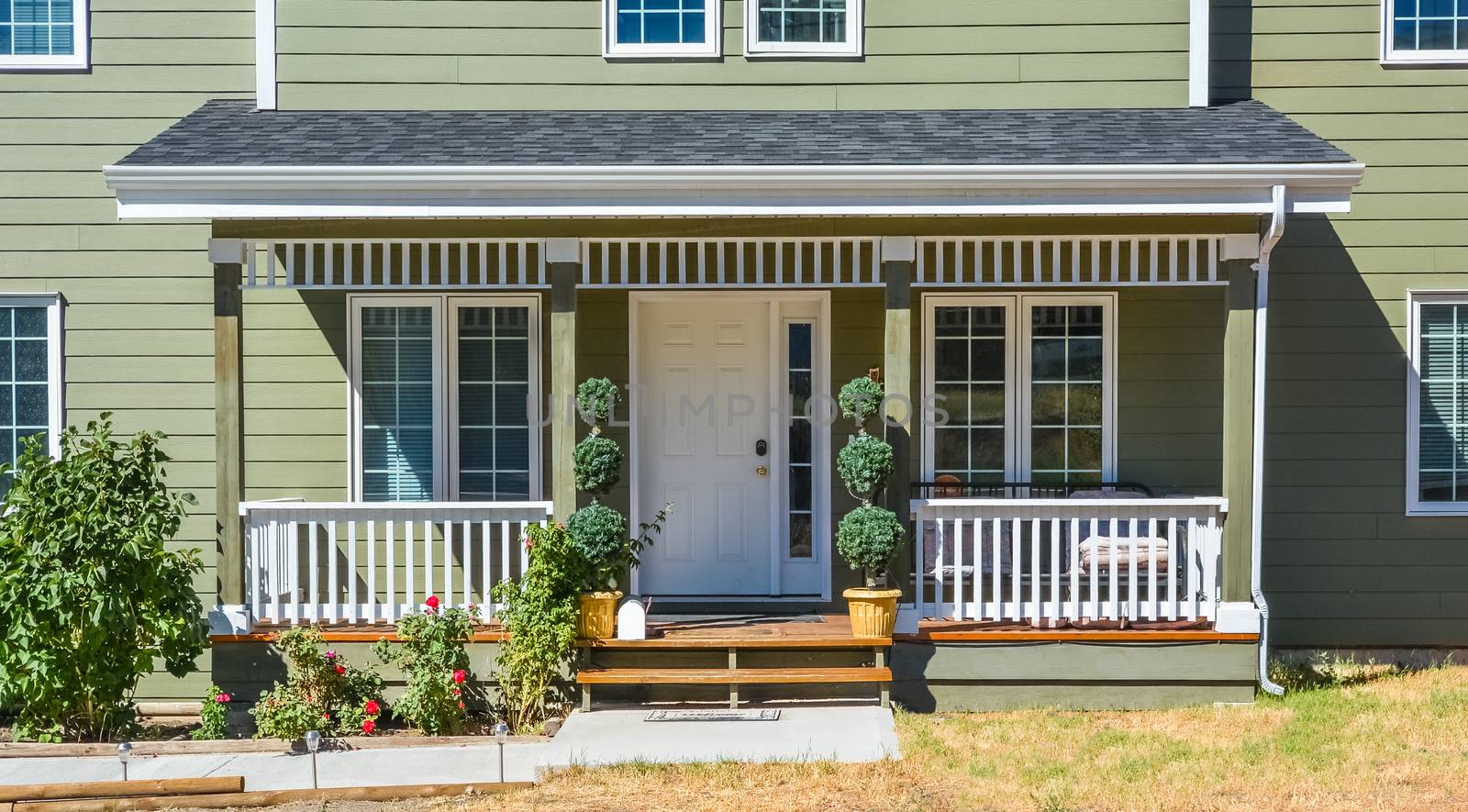 Entrance door of residential house under the porch with door steps and concrete pathway in front