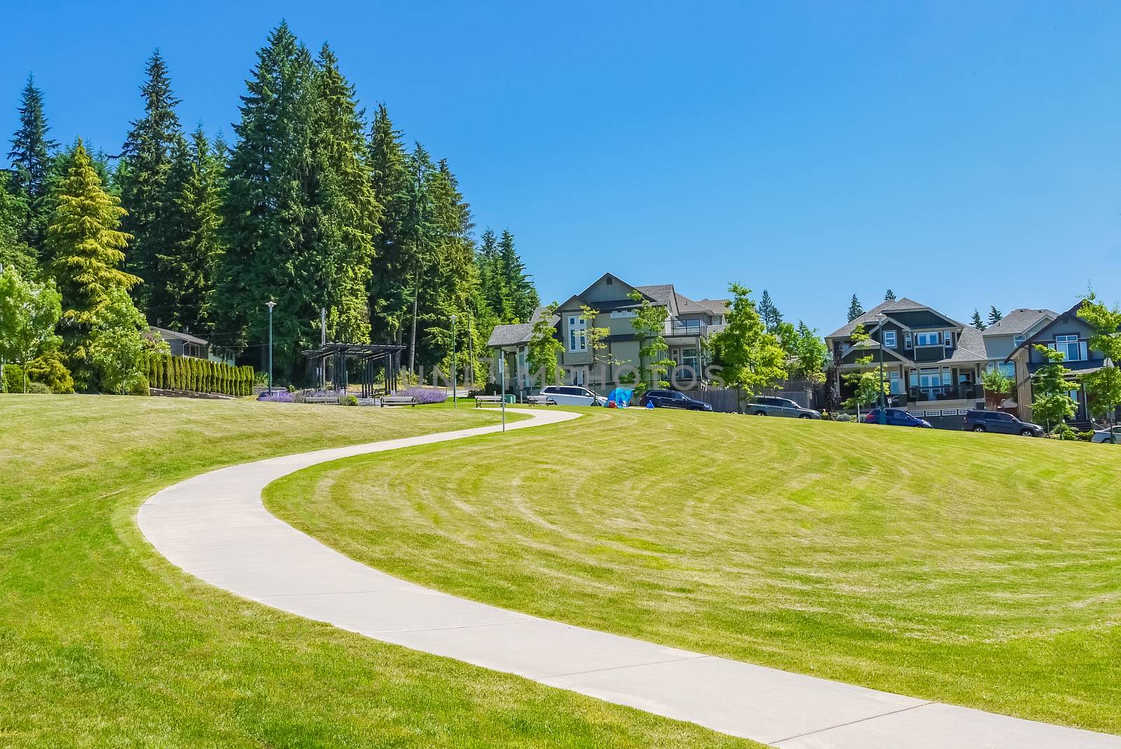 Paved pathway over green lawn on the slope in front of new townhouses. Park area in front of family homes on sunny day with blue sky background