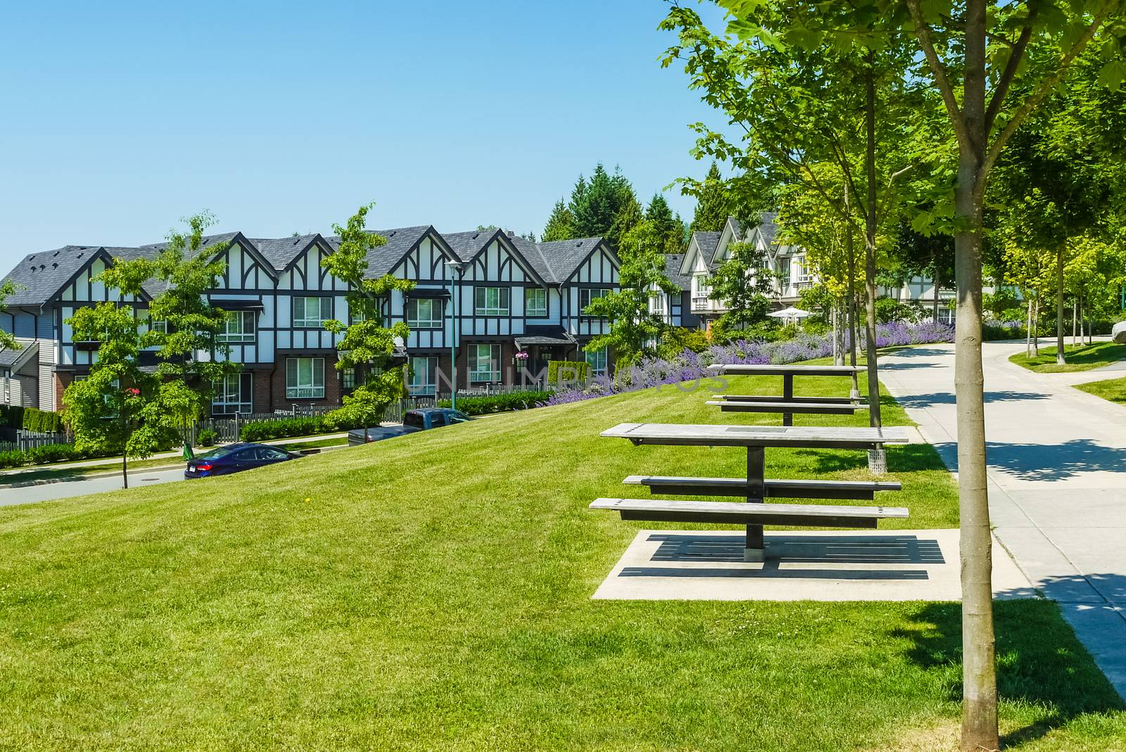 Recreation area with chess table on the block of new townhouses