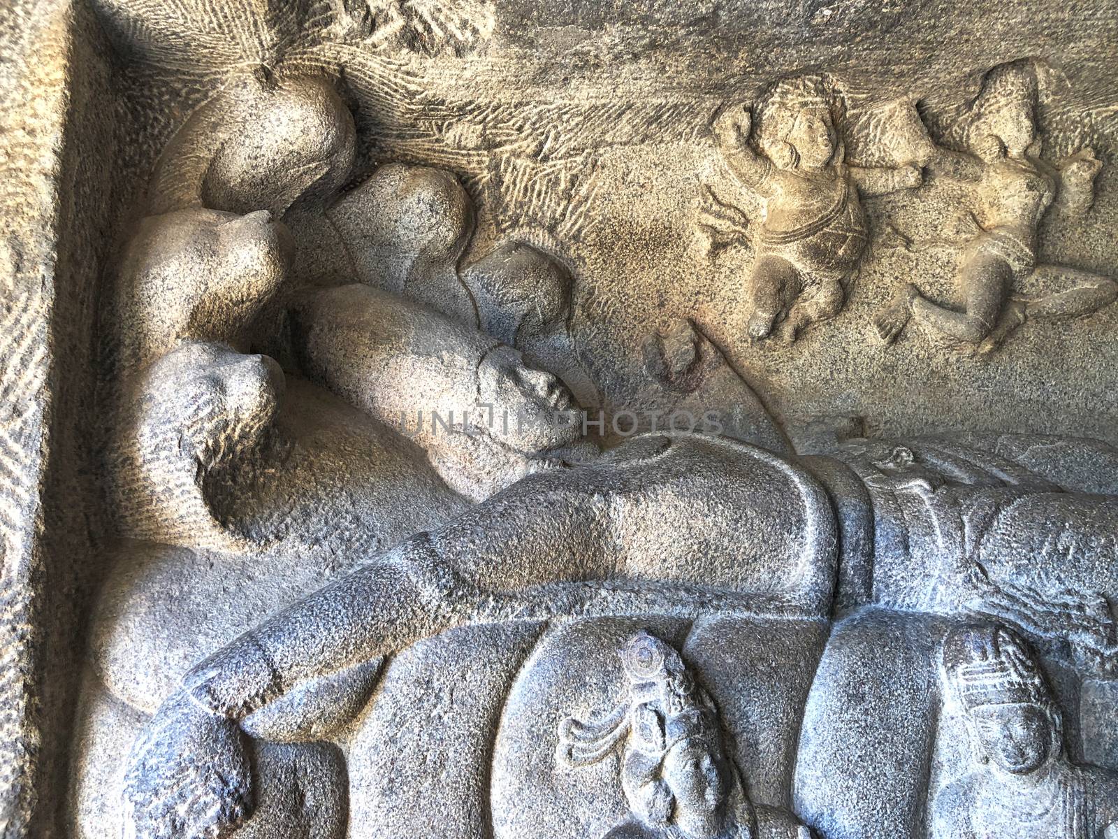 Bas relief sculptures carved in the rock cut temples in Mahabalipuram