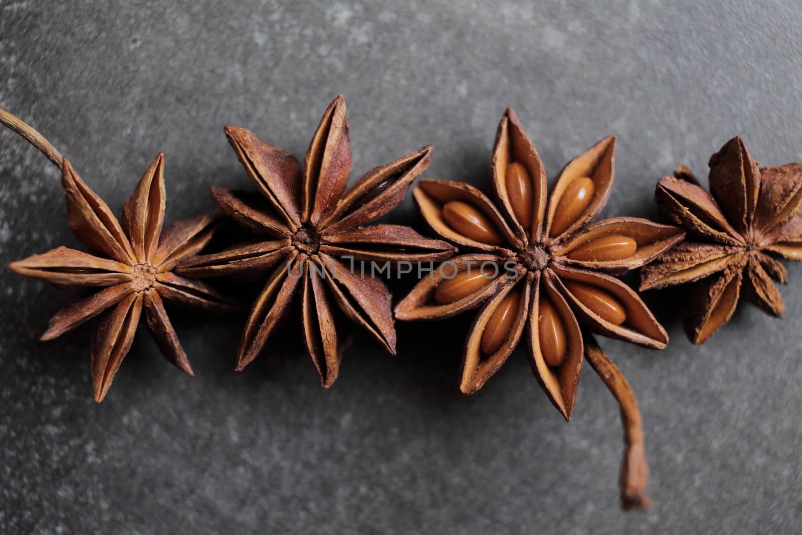 Fragrant star anise stars on a gray concrete countertop by selinsmo