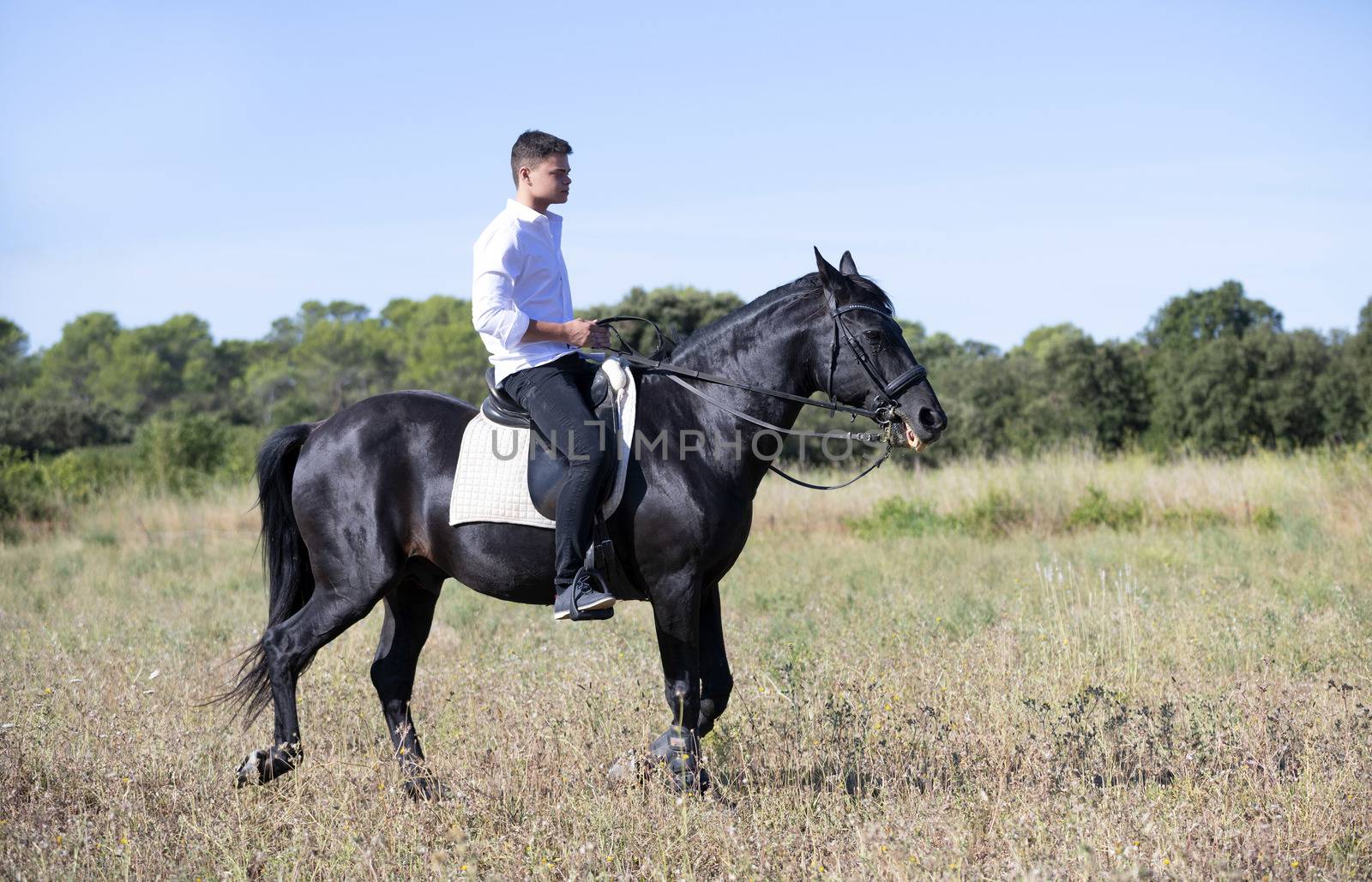  riding teenager are training her black horse