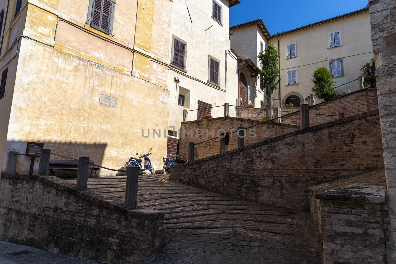 gubbio,italy august 29 2020:architecture of streets and buildings in the town of gubbio