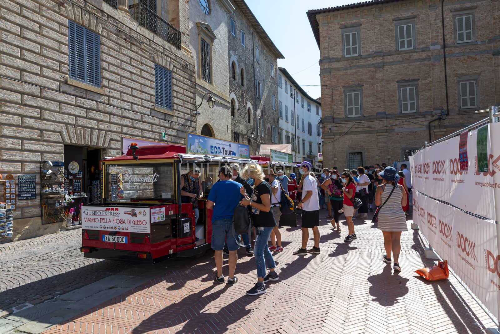 gubbio,italy august 29 2020:little train to transport tourists to the town of gubbio