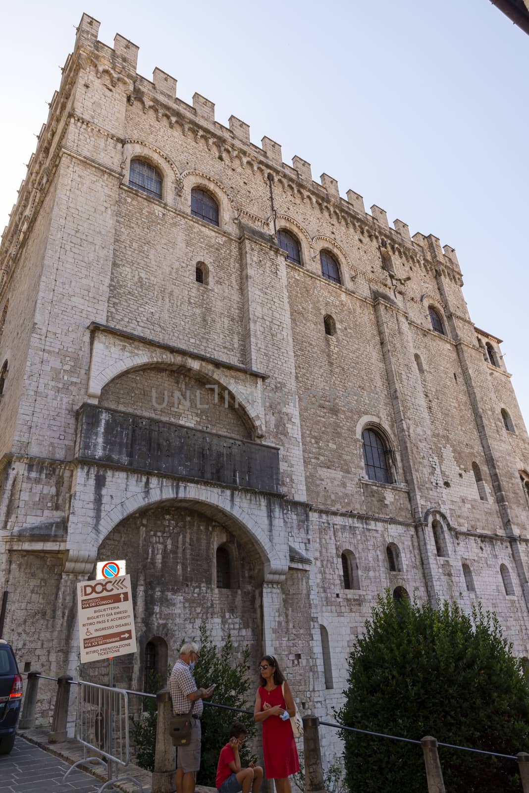 gubbio,italy august 29 2020:palace of the consuls in the center of the town of gubbio