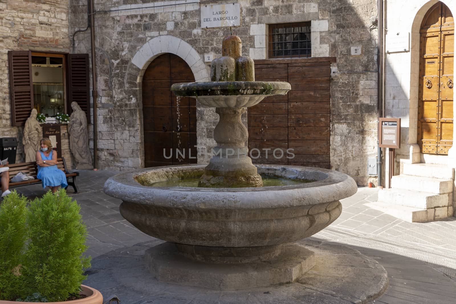 gubbio,italy august 29 2020:Bargello fountain in the center of the town of Gubbio
