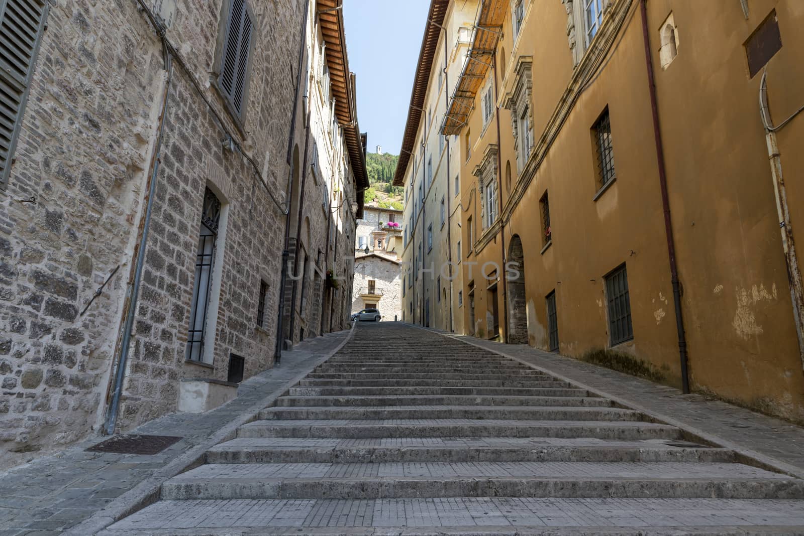 gubbio,italy august 29 2020:architecture of streets and buildings in the town of gubbio