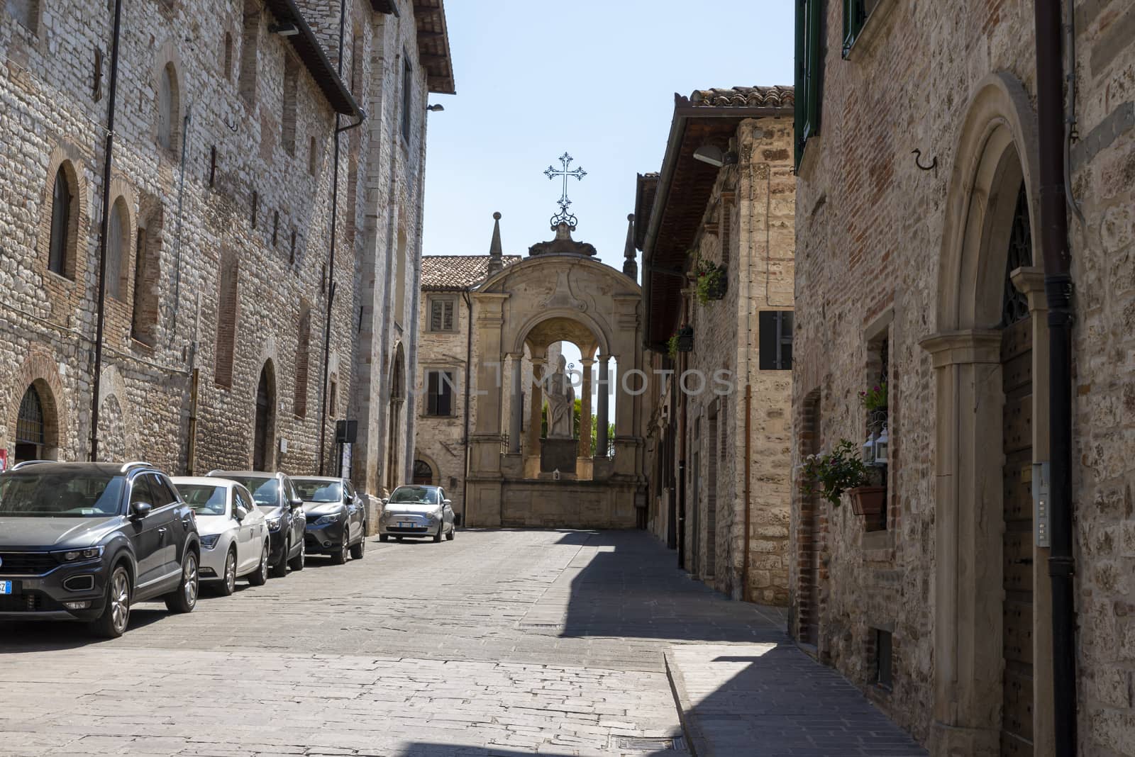gubbio,italy august 29 2020:statue of Sant Ubaldo, patron saint of the town of Gubbio