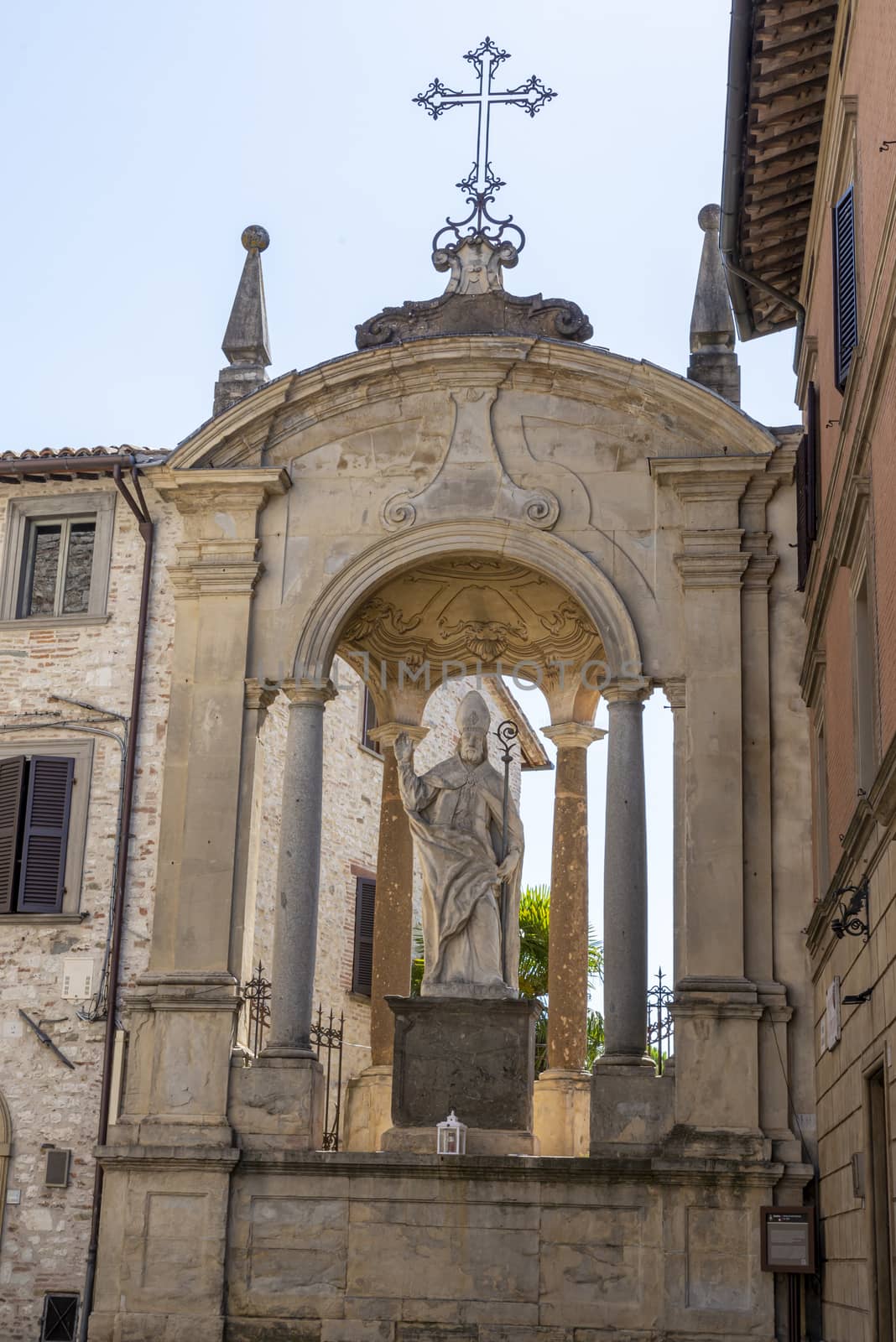 gubbio,italy august 29 2020:statue of Sant Ubaldo, patron saint of the town of Gubbio