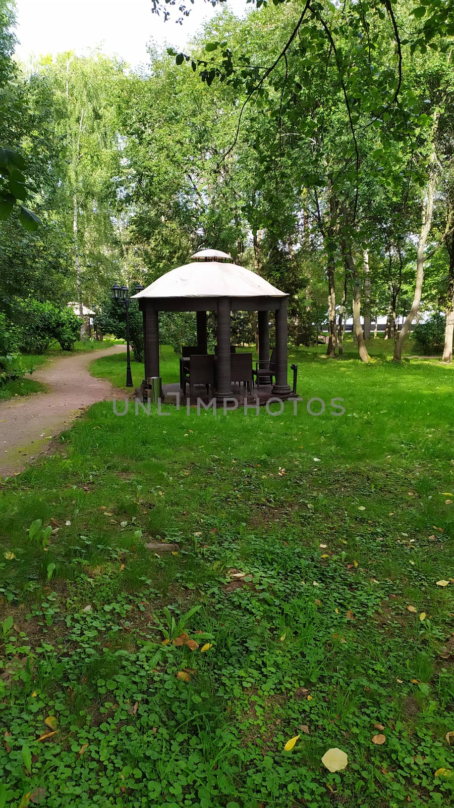 Gravel path in green summer forest leading to a wooden gazebo for making grill by marynkin