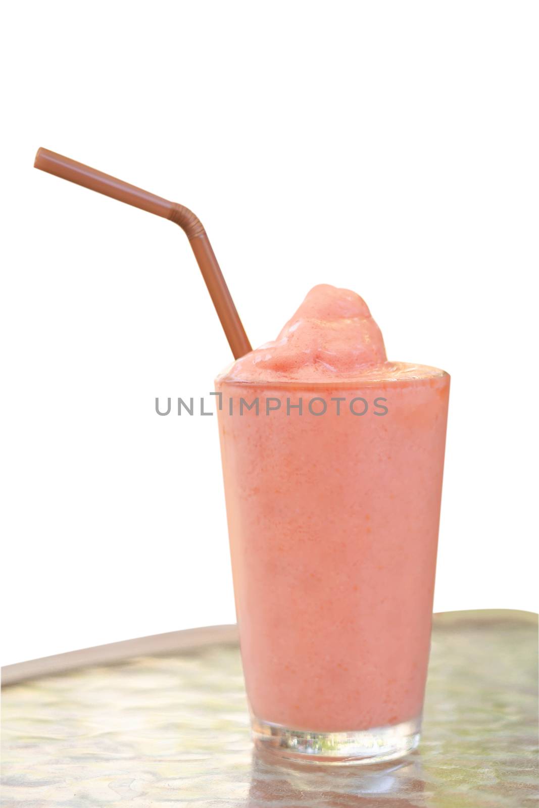 Closeup strawberry smoothie on white background, selective focus