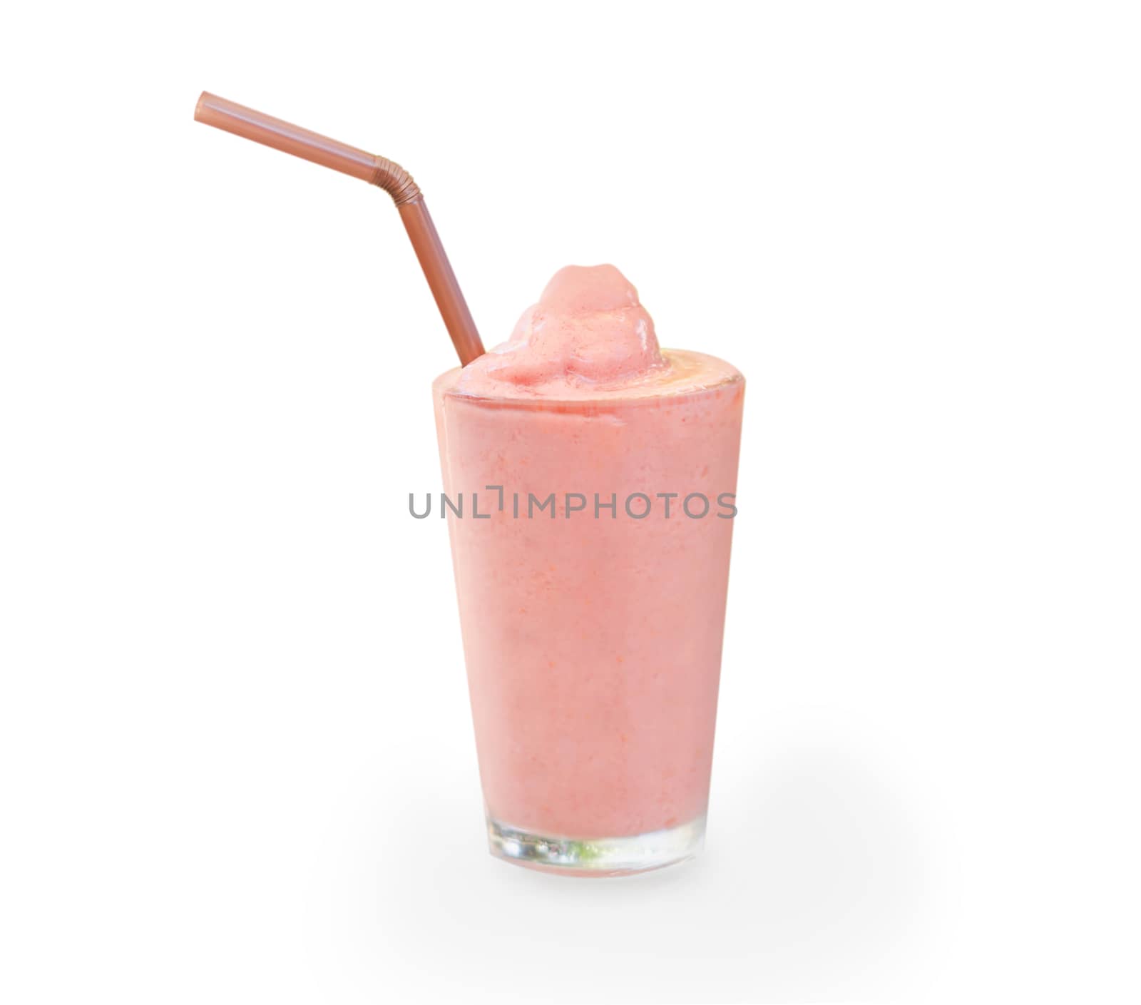 Closeup strawberry smoothie on white background, selective focus
