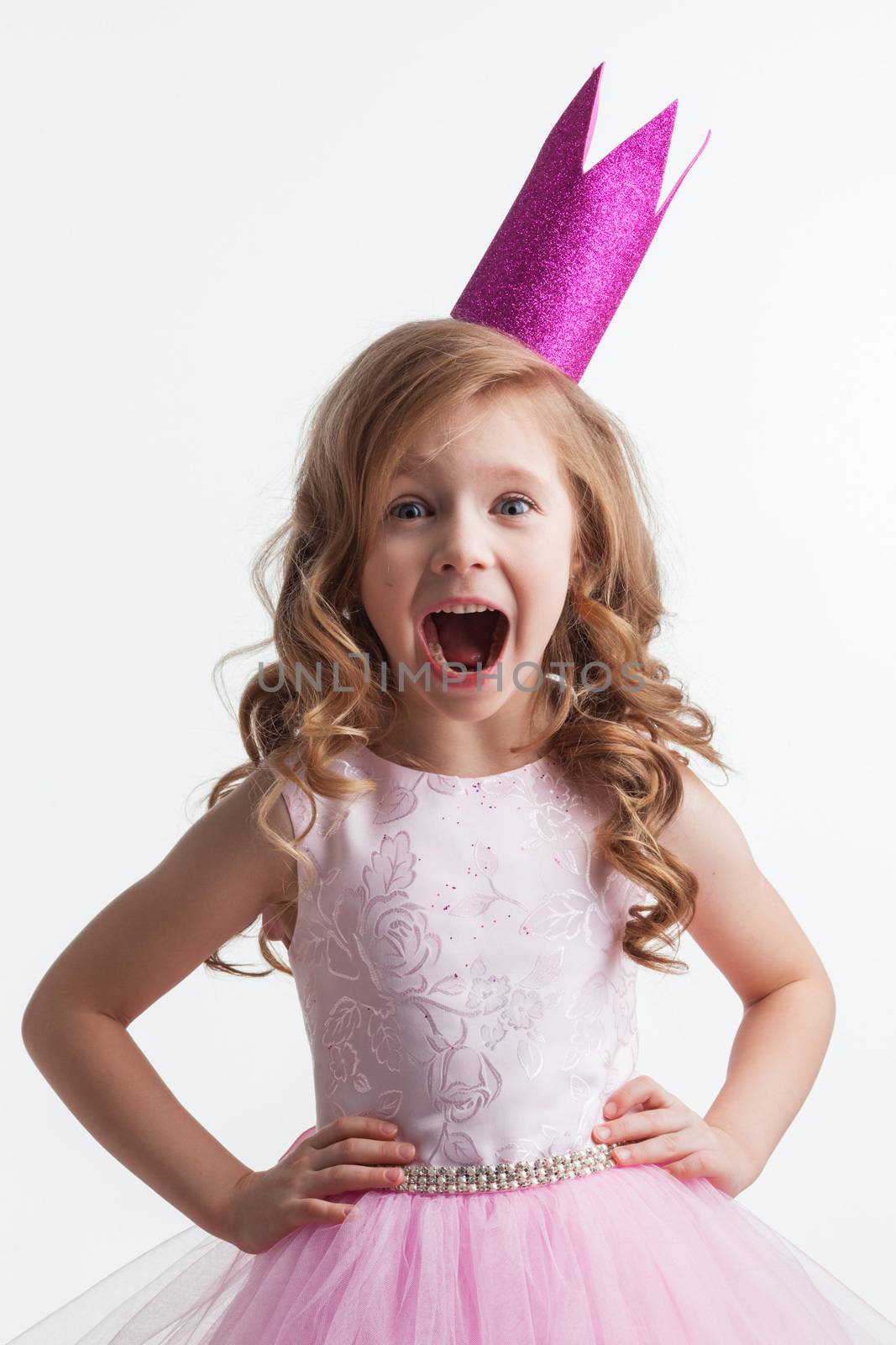 Little cute girl in halloween princess costume isolated on white background