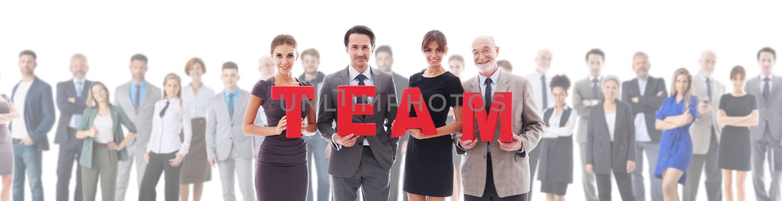 Business team and many people on background with team letters isolated on white
