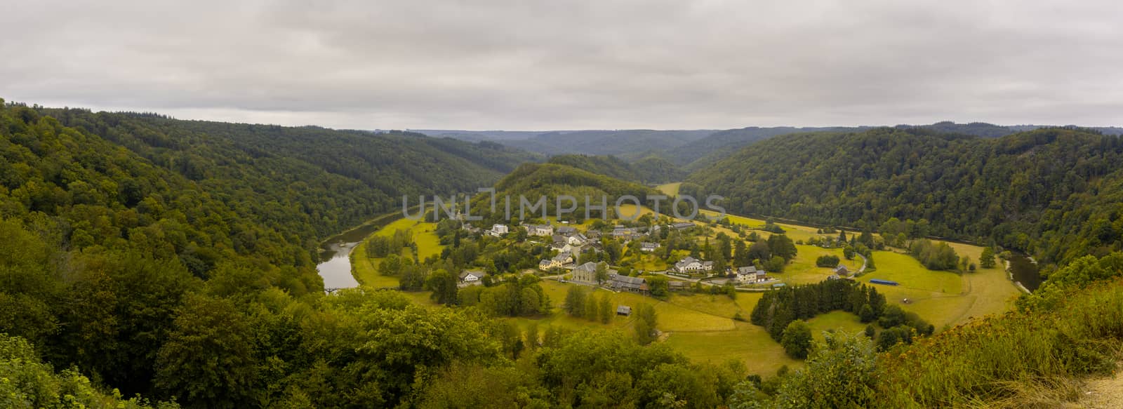 Panorama view Frahan valley and Semois river from viewpoint Rochehaut, Bouillon, Wallonia, Belgium by kb79