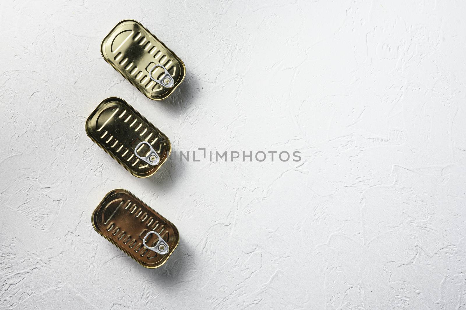 Set of same size closed canned food, fish , fruits, vegetables, meat, soup different types of shapes top view onwhite textured background top view space for text.