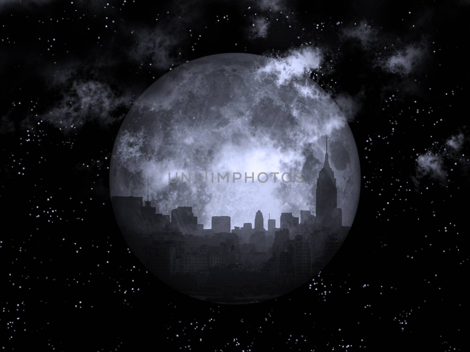 Full moon over night city. 3D rendering