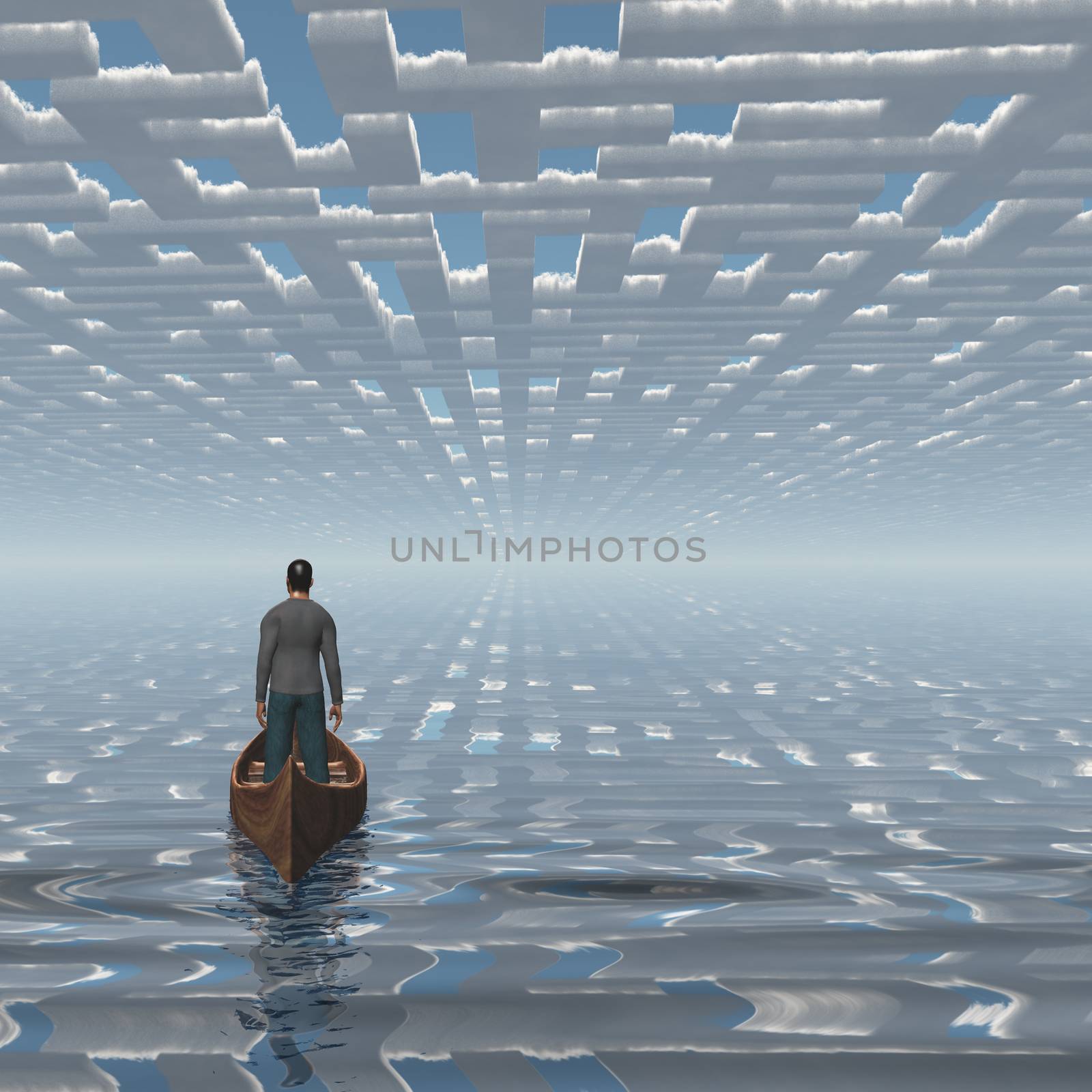 Man in boat floating under the maze of clouds. 3D rendering