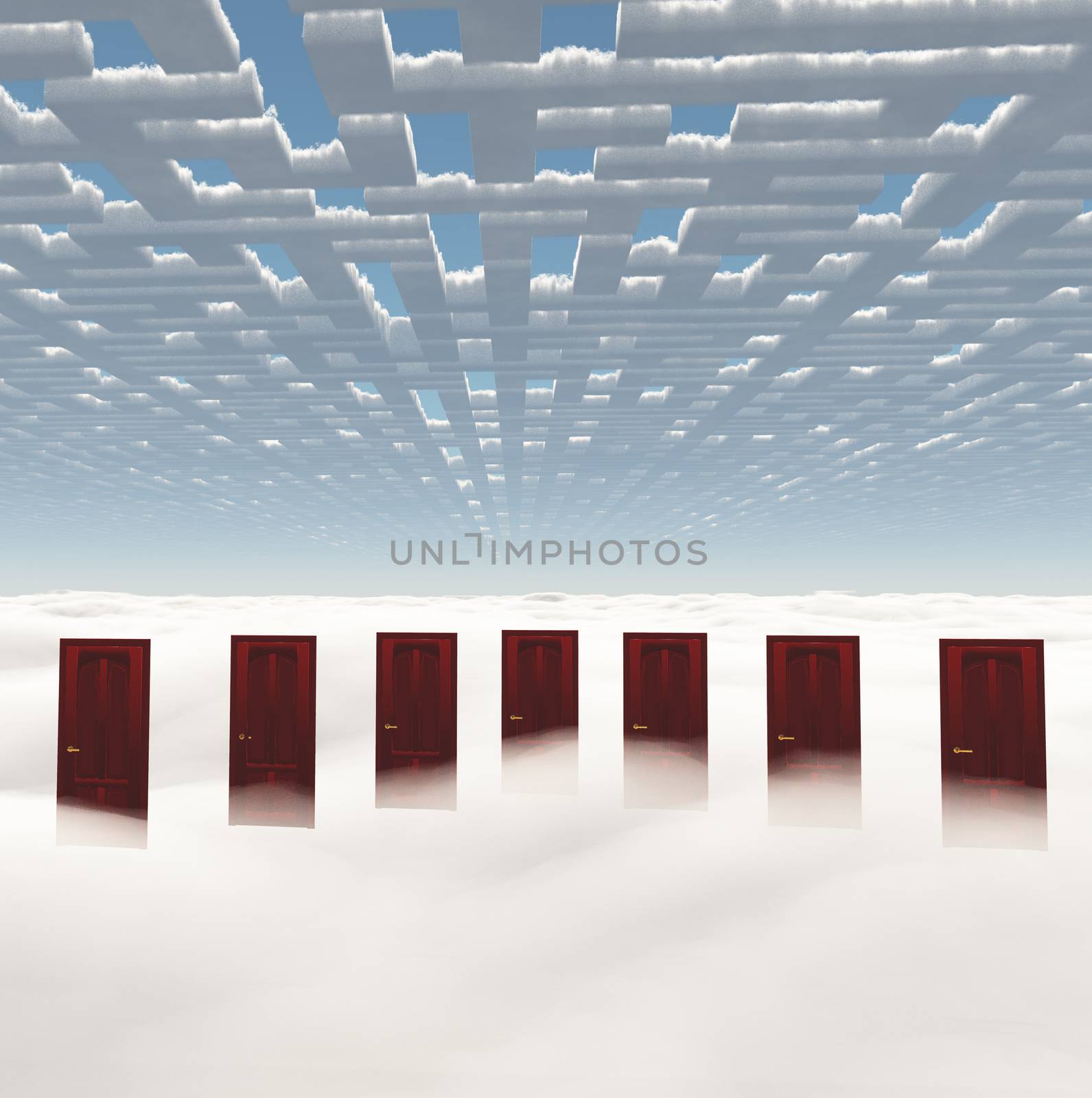 Doors in clouds with labyrinth sky. 3D rendering