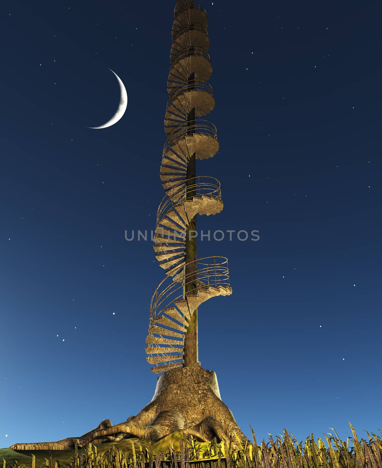 Circular Staircase rises into twilight sky from Tree Stump. 3D rendering