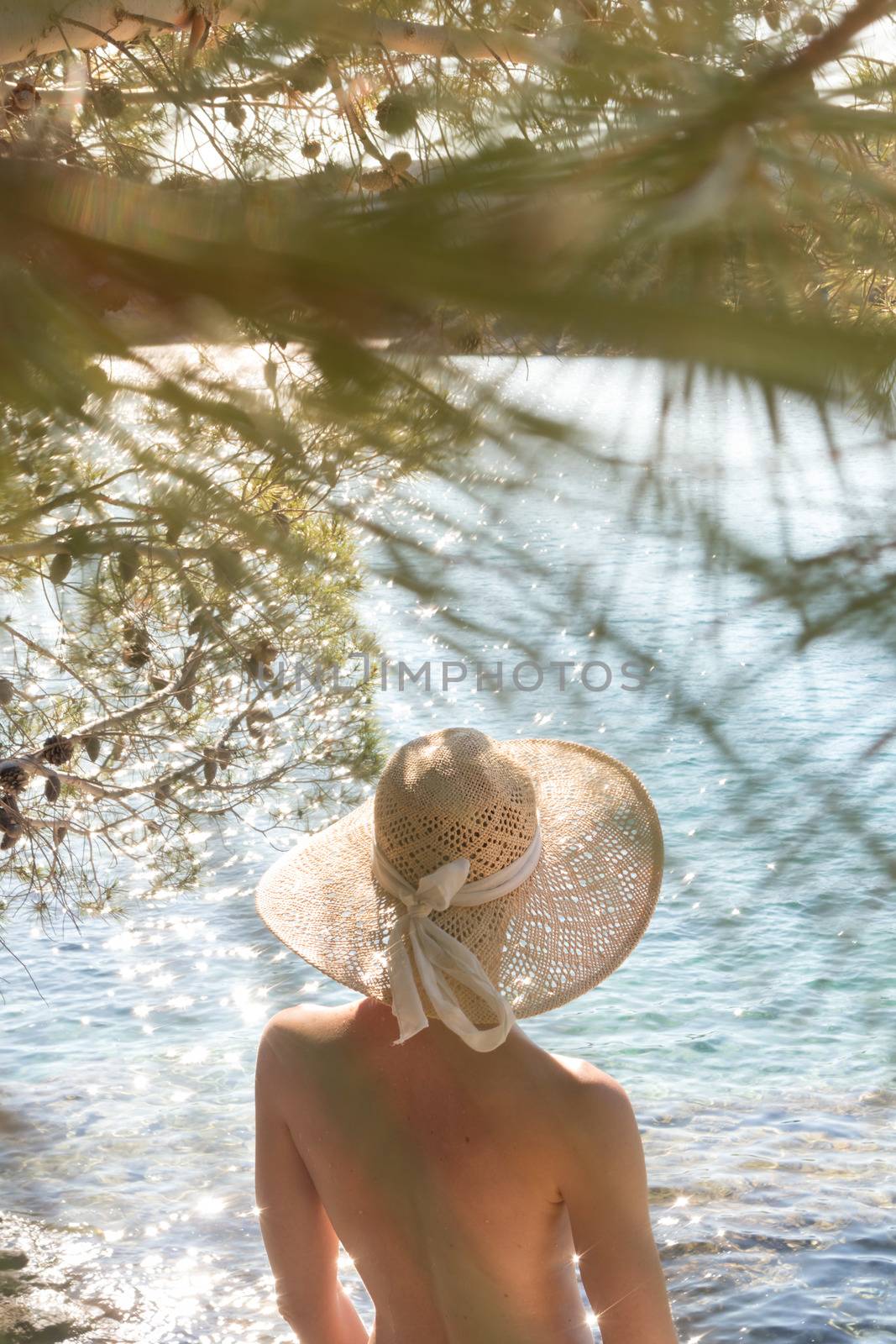 Rear view of topless beautiful woman wearing nothing but straw sun hat realaxing on wild coast of Adriatic sea on a beach in shade of pine tree. by kasto