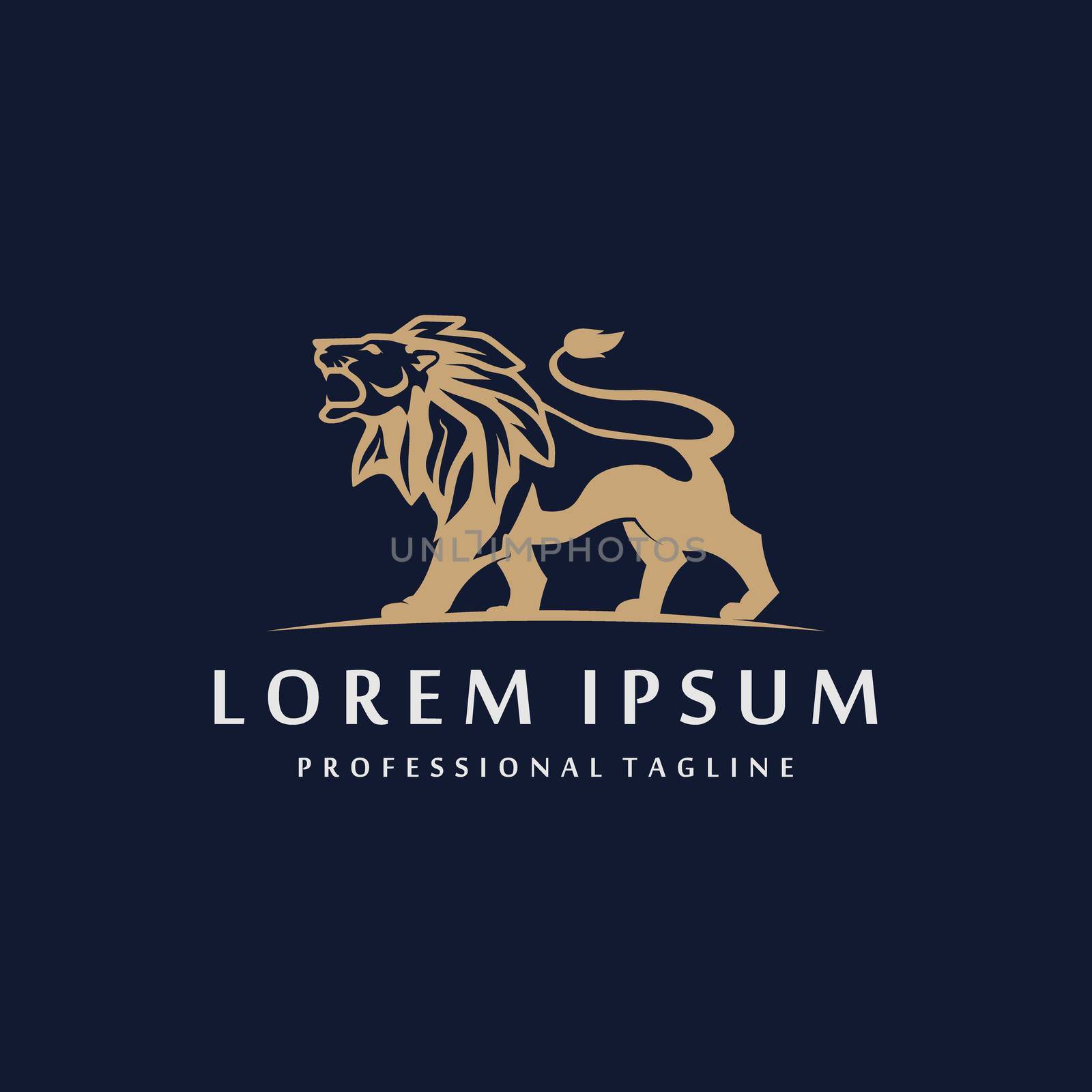 luxury lion graphic logo template with golden abstract wild leo. isolated in navy background. royal elegant brand identity. by IreIru
