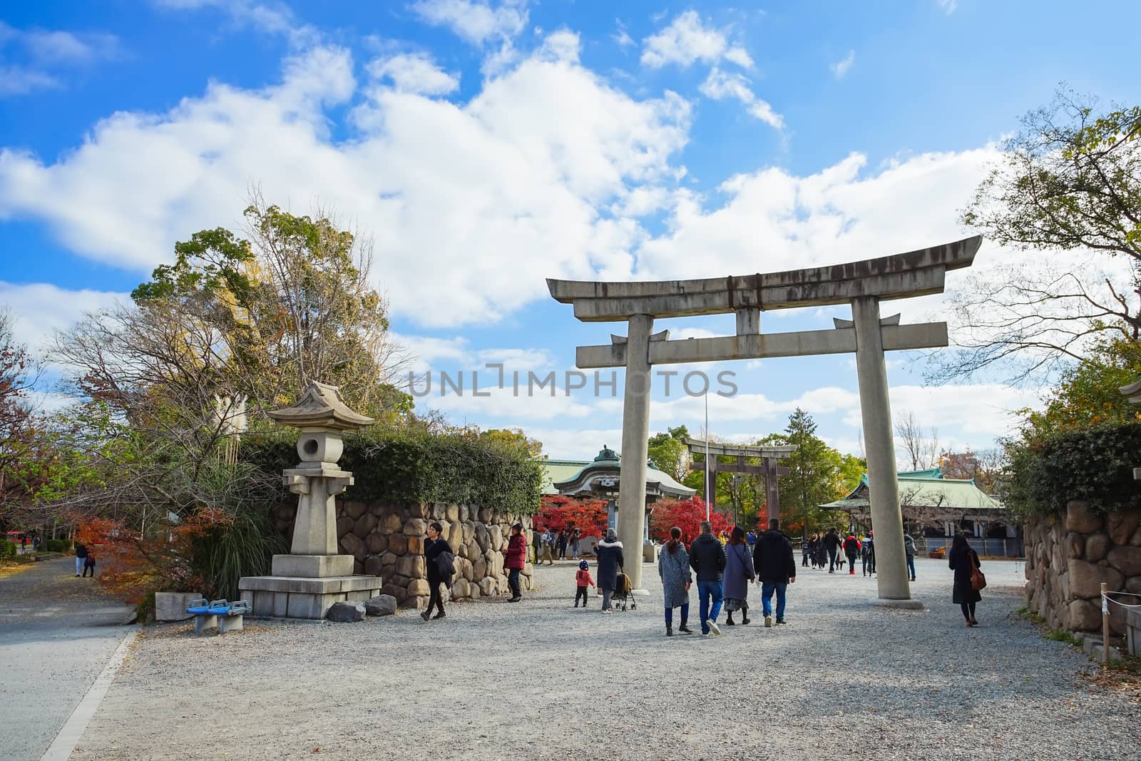 Osaka, Japan - December 15, 2019 : Beautiful scene in the park of Osaka Castle in Osaka City, Japan.