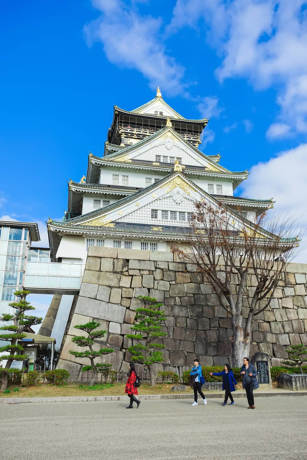 Osaka, Japan - December 15, 2019 : Beautiful scene in the park of Osaka Castle in Osaka City, Japan.