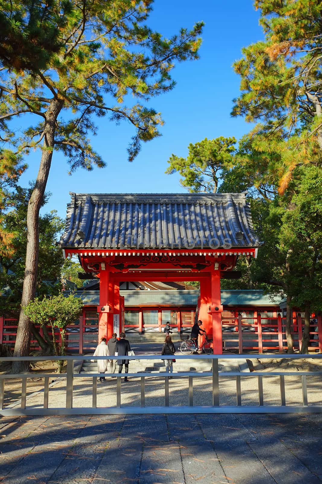 Osaka, Japan - December 15, 2019 : Beatiful scene of Sumiyoshi Taisha Shrine, this is the famous travel destinations of Osaka city.