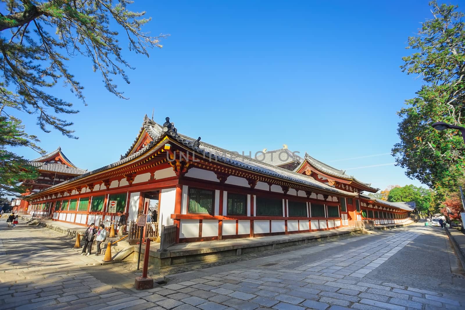 Nara, Japan - December 16, 2019 : Outside of Todaiji Temple in Nara park, this is the most famous travel destinations of Nara city in Kansai area of Japan.