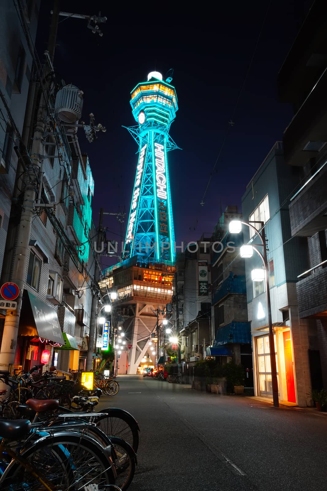 Osaka, Japan - December 15, 2019 : The famous Tsutenkaku Tower of Osaka city, this is the travel destinations of Shinsekai district, Osaka city in Kansai area of Japan.