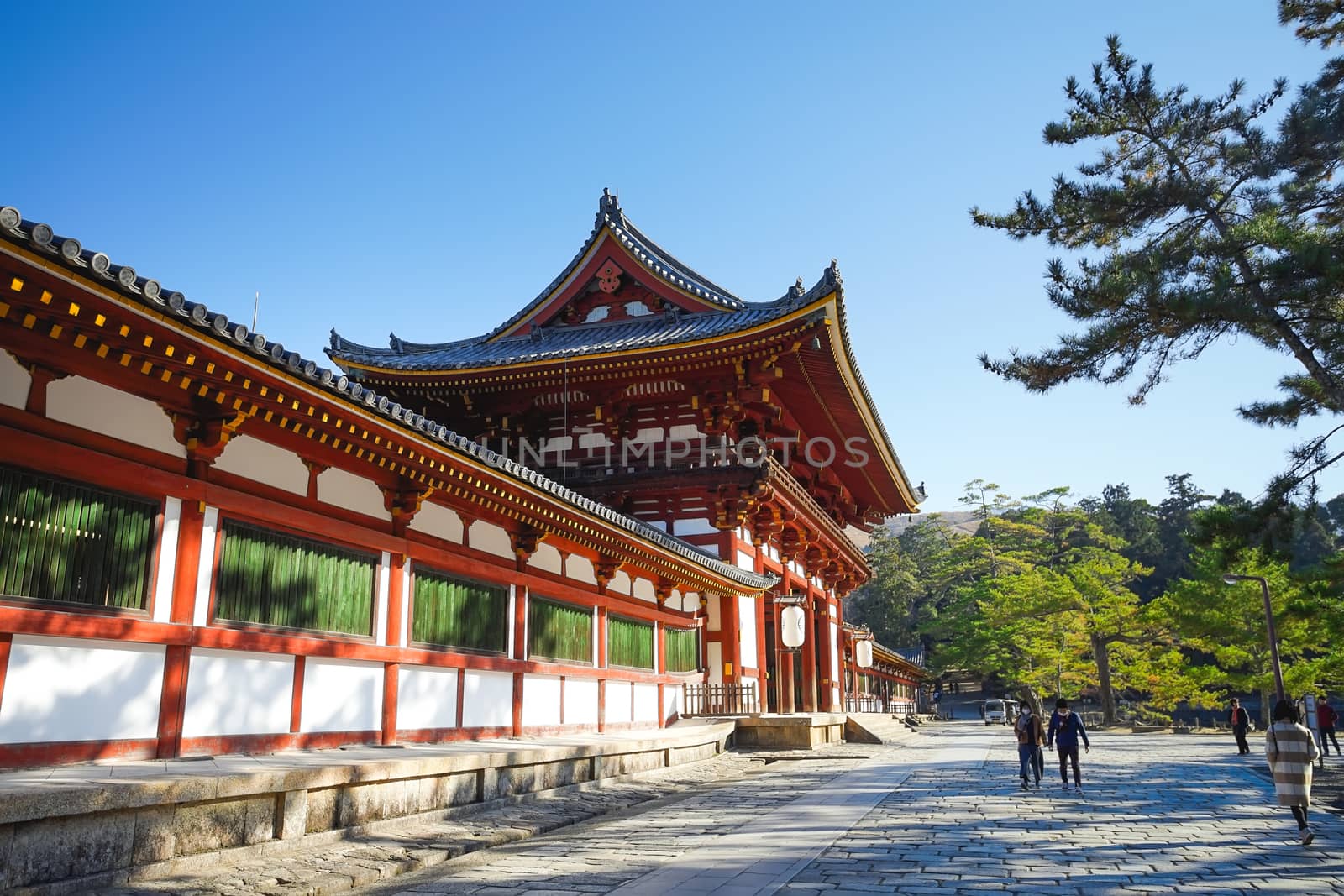 Nara, Japan - December 16, 2019 : Beautiful scene of the second Wooden gate Of Todaiji Temple, this is the most famous travel destinations of Nara city in Kansai area of Japan and this place has a lot of deers in the park.