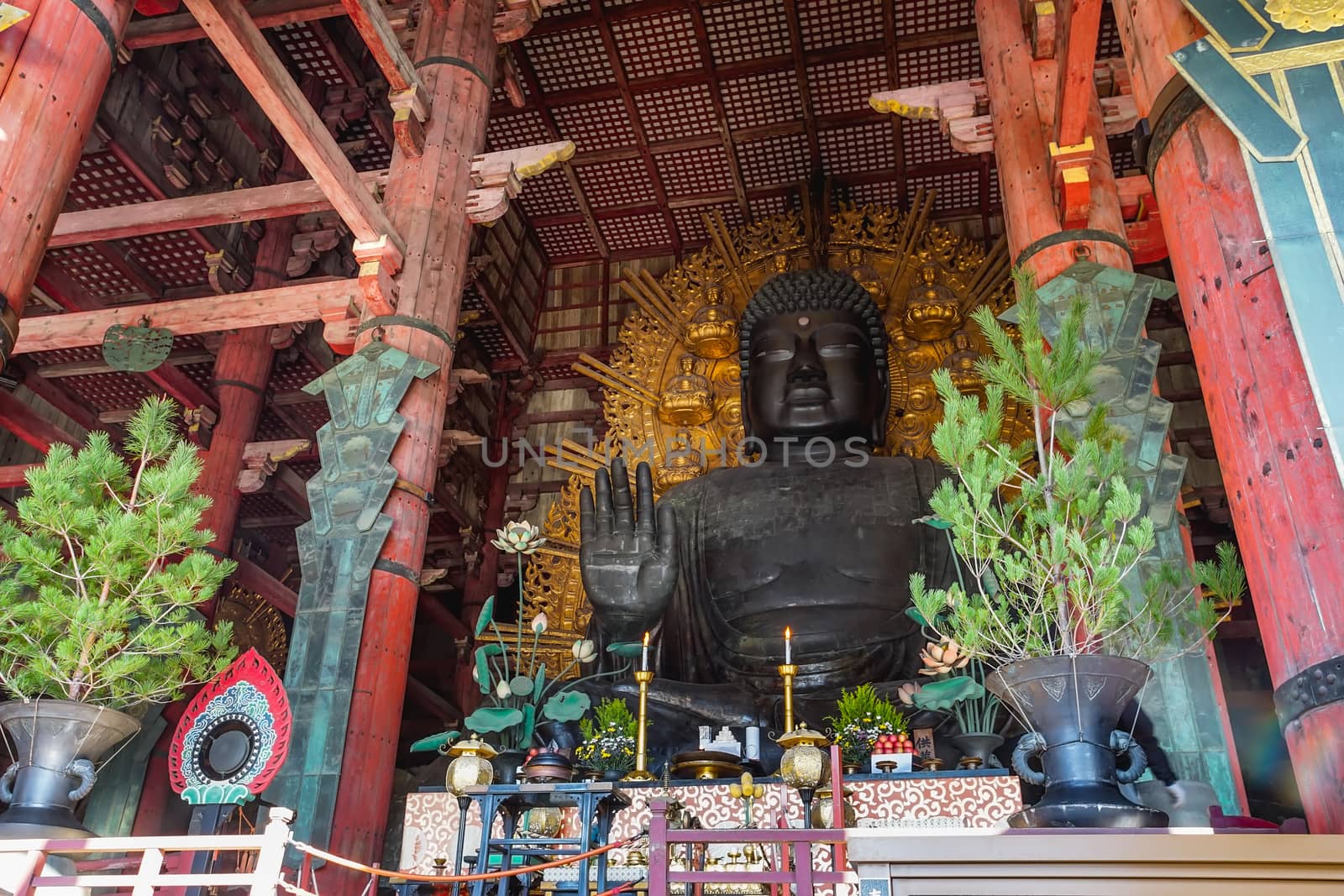 Nara, Japan - December 16, 2019 : The big Buddha statue enshrined in the main chapel of Todaiji temple, this is the most famous travel destinations of Nara city in Kansai area of Japan.