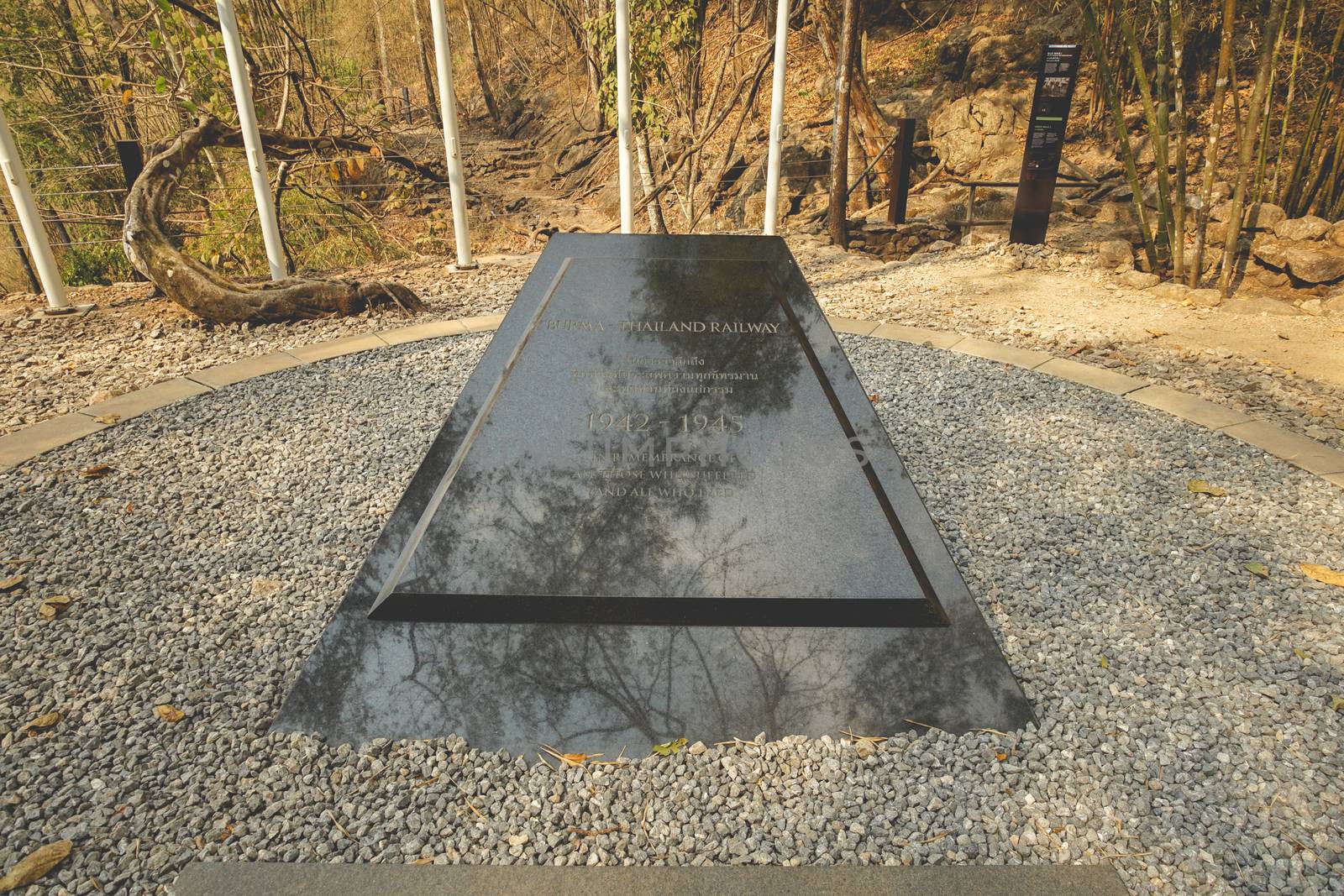 Kanchanaburi, Thailand - January 17, 2020 : Hellfire pass Memorial stone in Kanchanaburi province, Thailand. This is the memorial place dedicated to Prisoners of War (WWII).