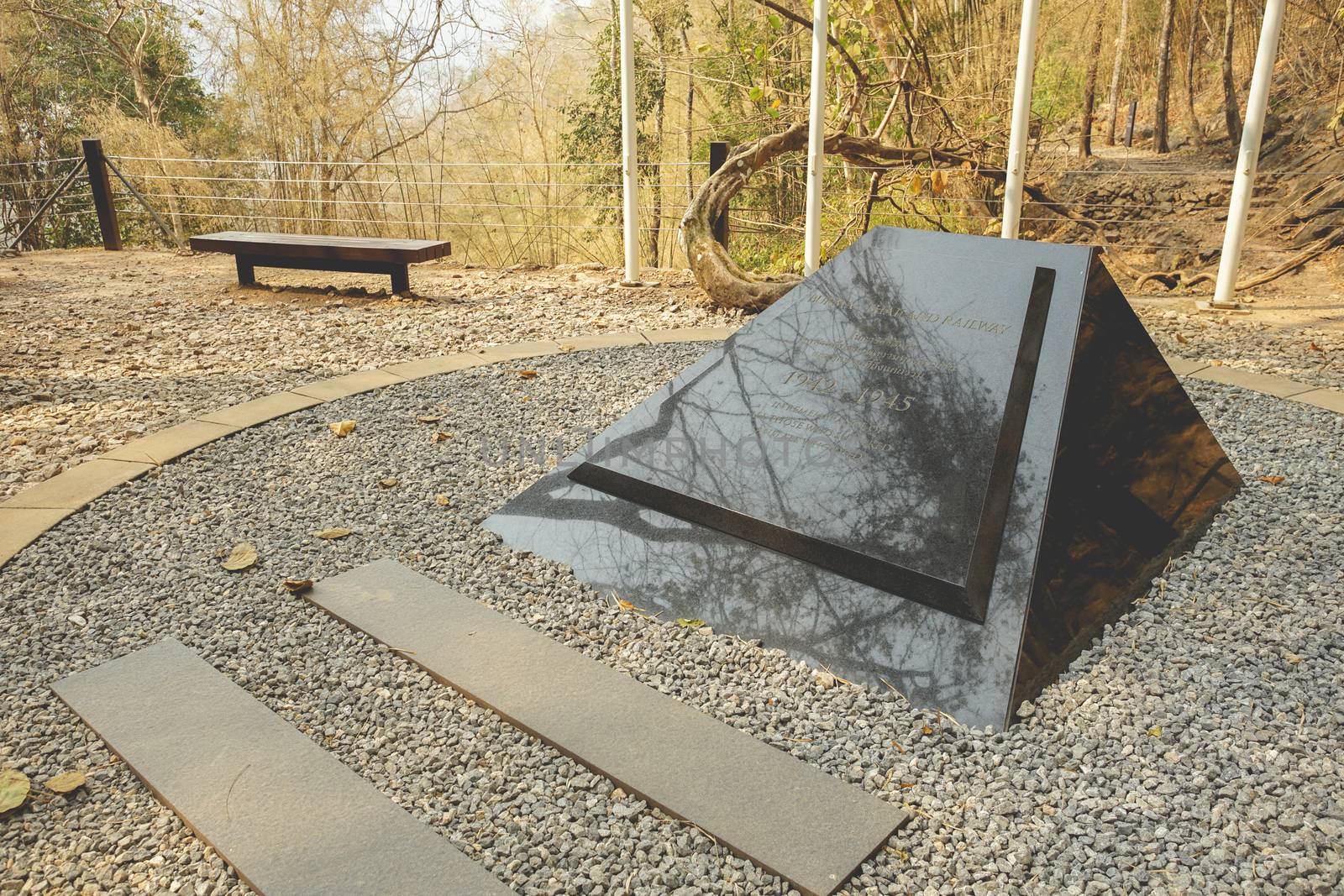 Kanchanaburi, Thailand - January 17, 2020 : Hellfire pass Memorial stone in Kanchanaburi province, Thailand. This is the memorial place dedicated to Prisoners of War (WWII).