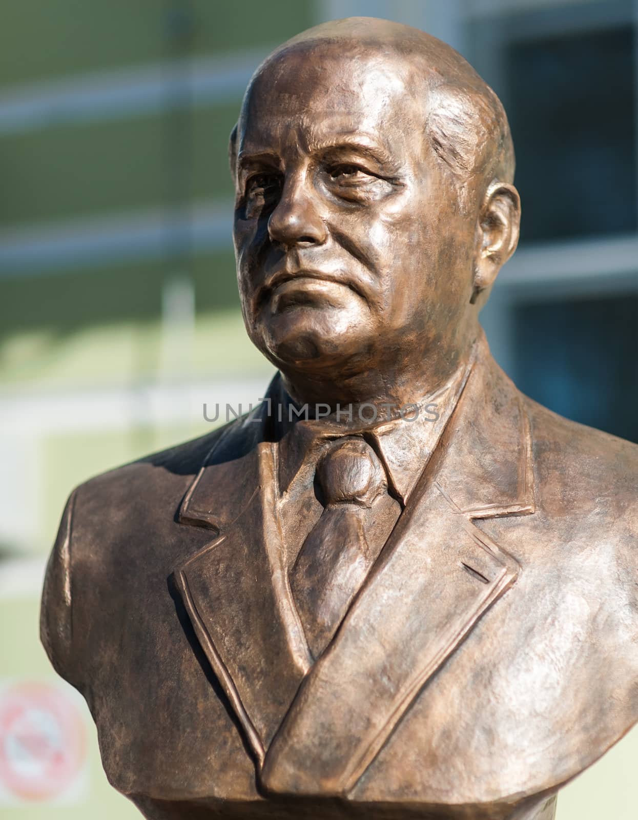 September 23, 2017 Moscow Russia Bust of the USSR President Mikhail Gorbachev made by Zurab Tsereteli on the Rulers Alley in Moscow.