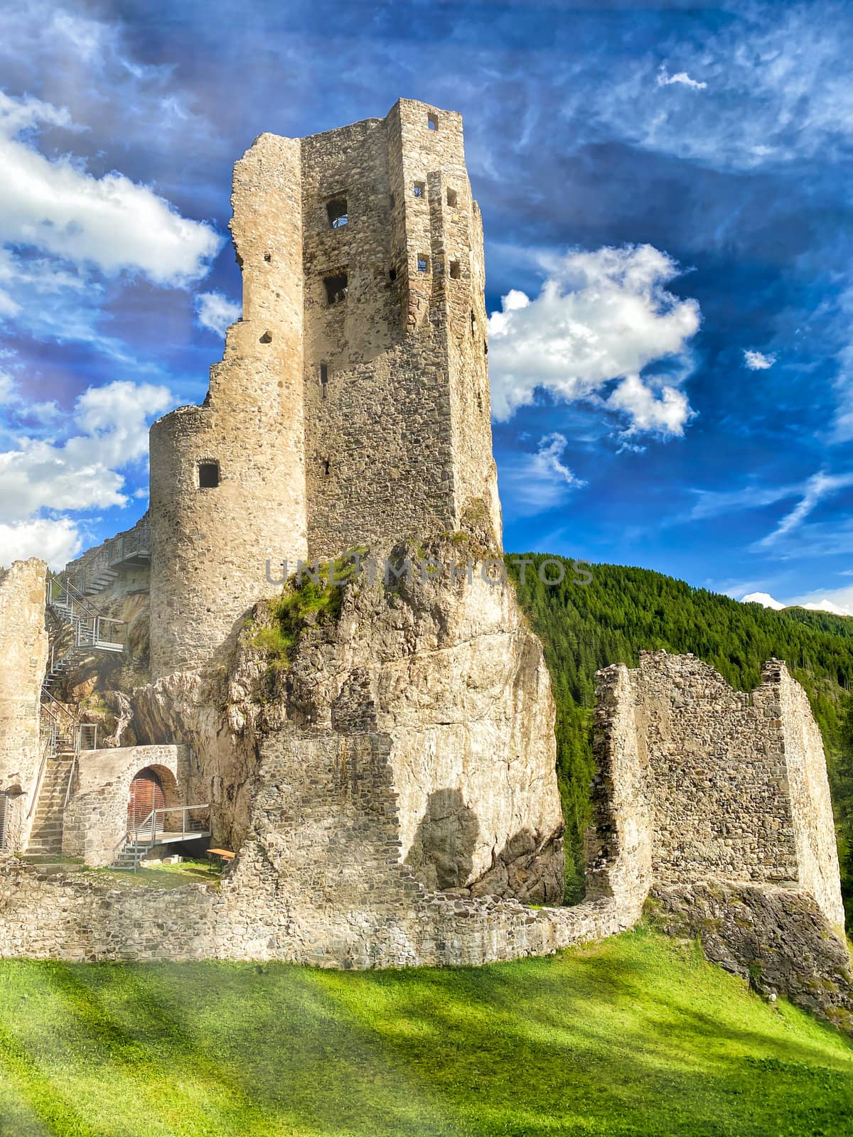 Beautiful Andraz Castle on Italian Alps. Summer season.