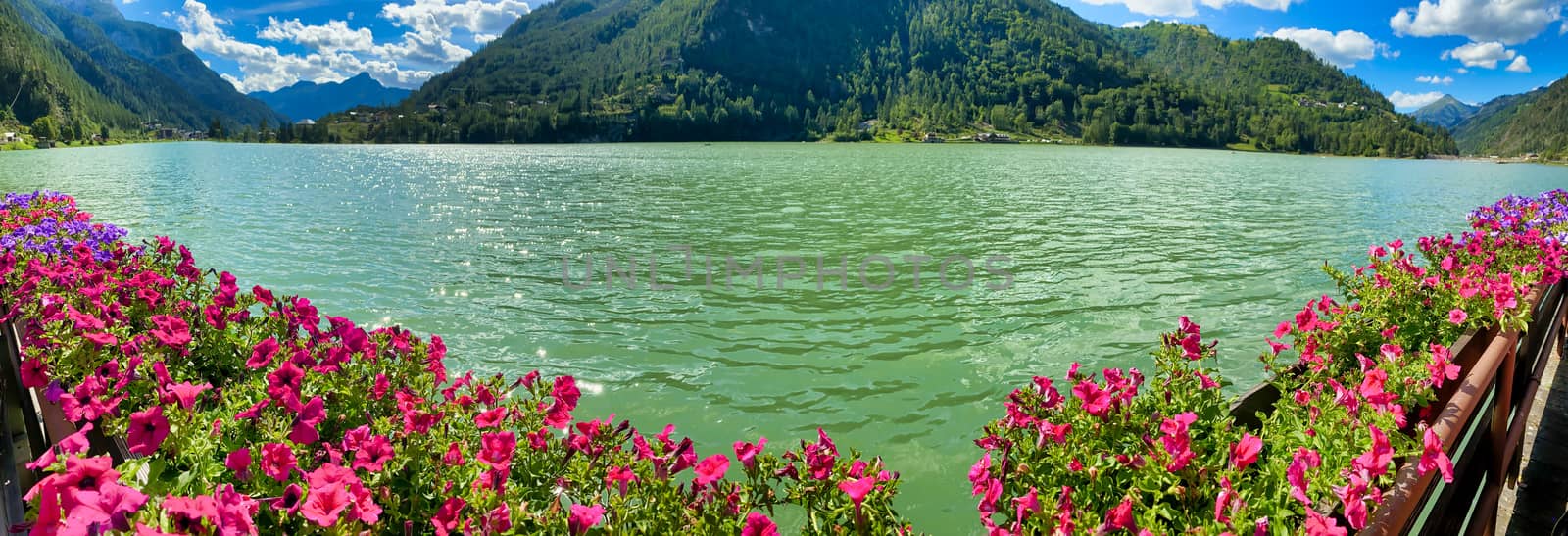 Beautiful lake of Alleghe in summer season, Italy.