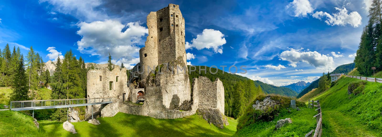 Beautiful Andraz Castle on Italian Alps. Summer season.