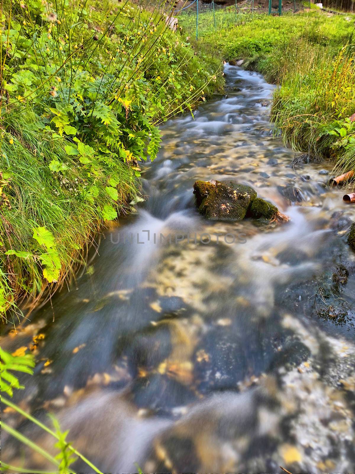 Slow motion of flowing water in a mountain creek.
