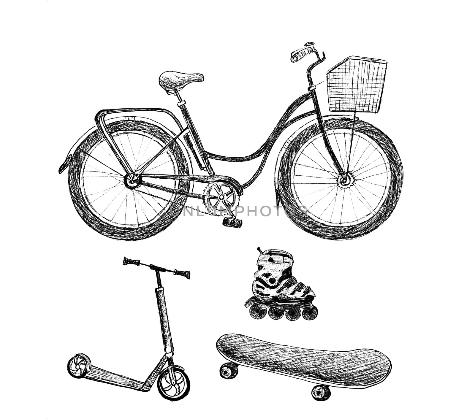 Set of sport transport objects: bicycle, scooter, roller and skateboard. Sketch on white background. Hand-drawn illustration. by sshisshka