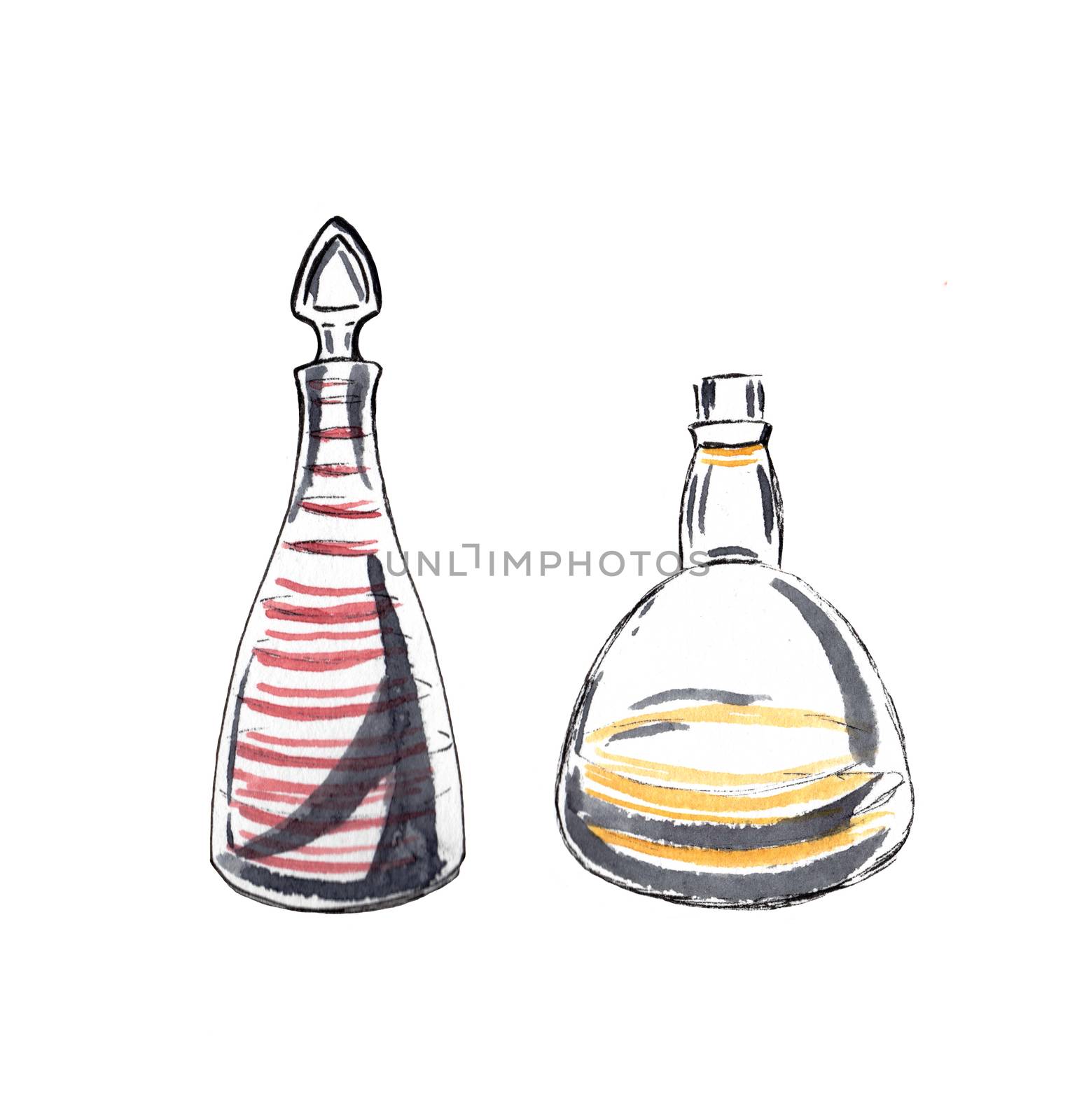 Decorative bottles isolated on white background. Set of Retro glass. Watercolour hand-drawn illustration.