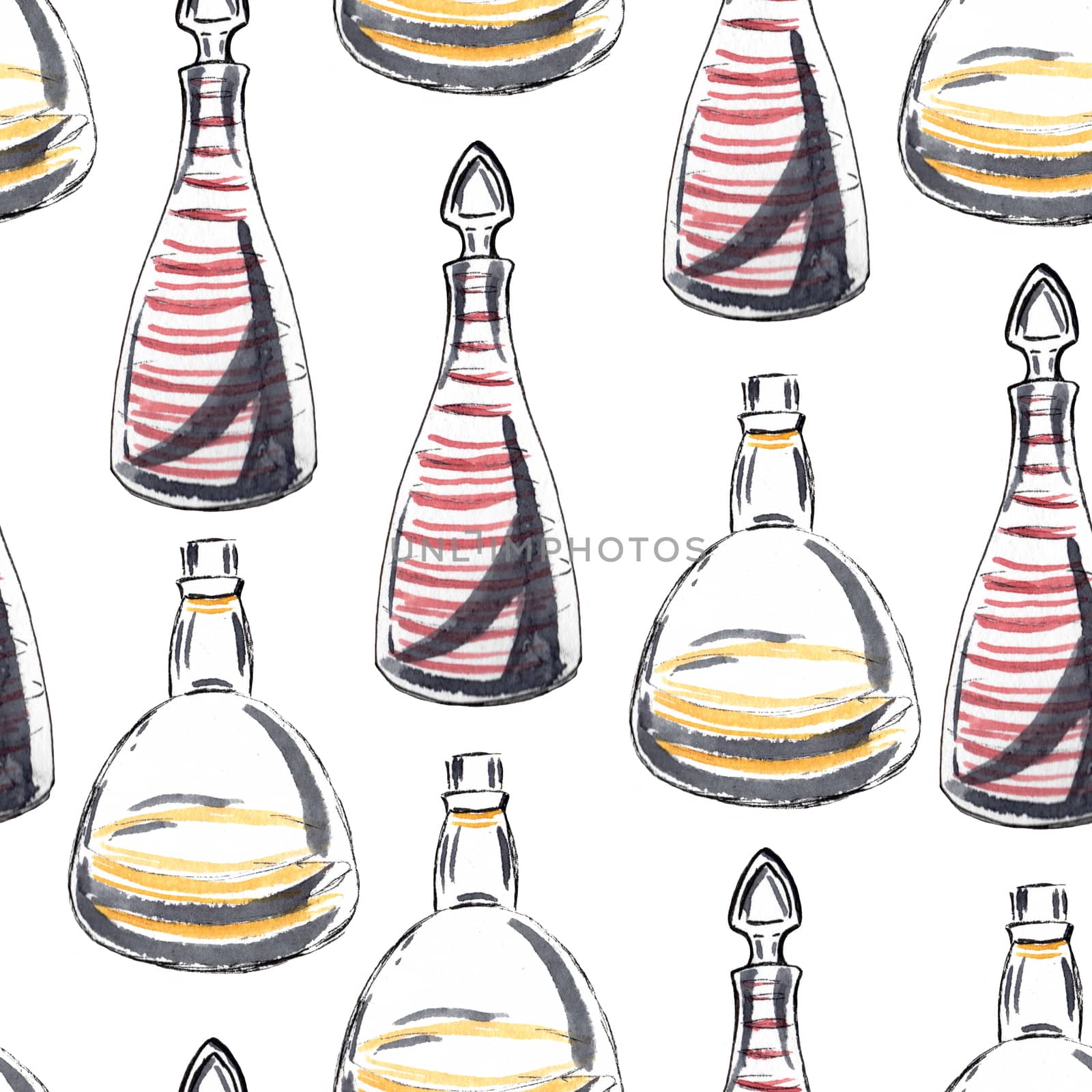 Retro bottles isolated on white background. Seamless pattern. Hand-drawn watercolour sketch.  by sshisshka