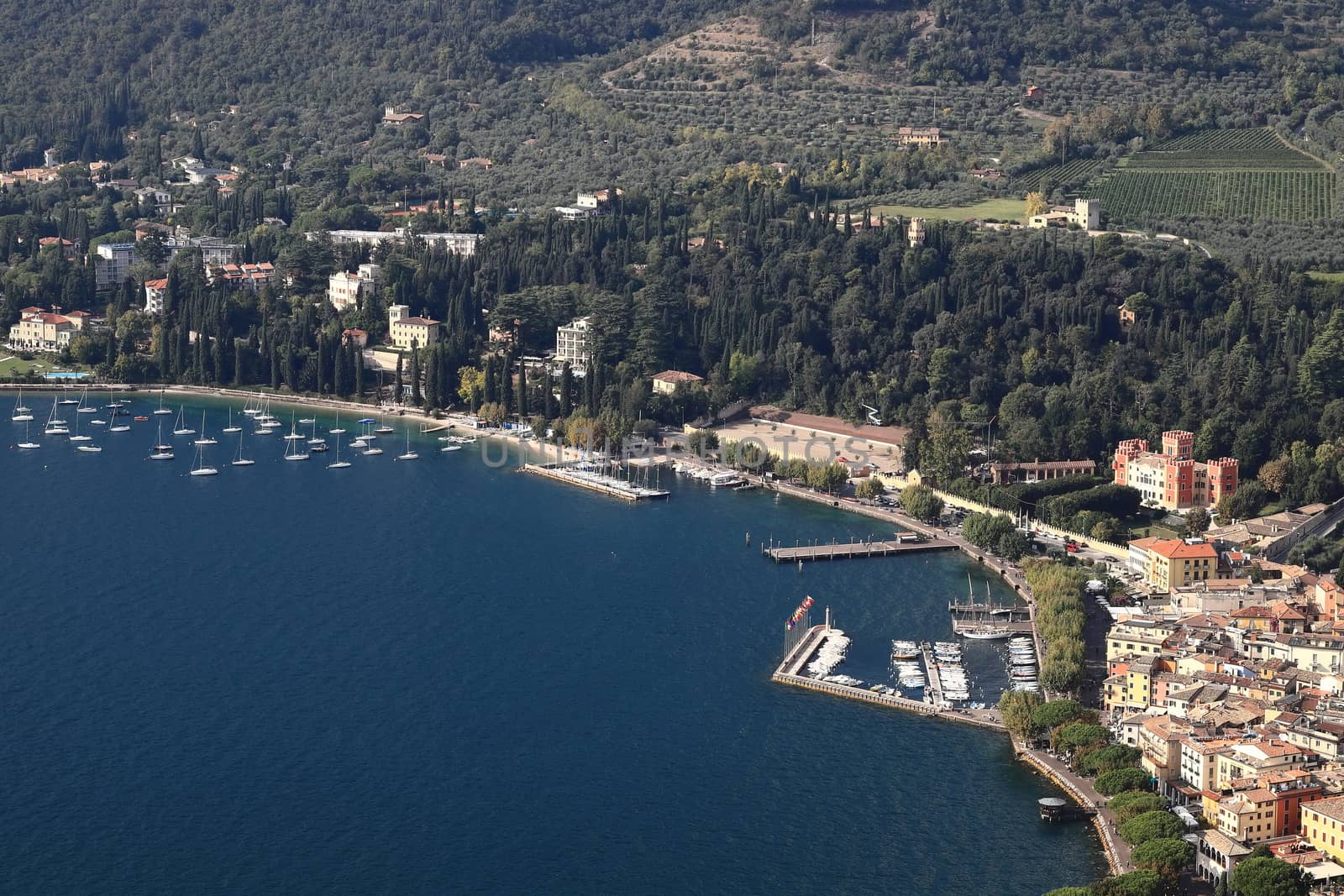 An aerial view from Rocca across the town of Garda.  Garda is a town on the edge of Lake Garda in North East Italy and Rocca is a large hill overlooking the town.